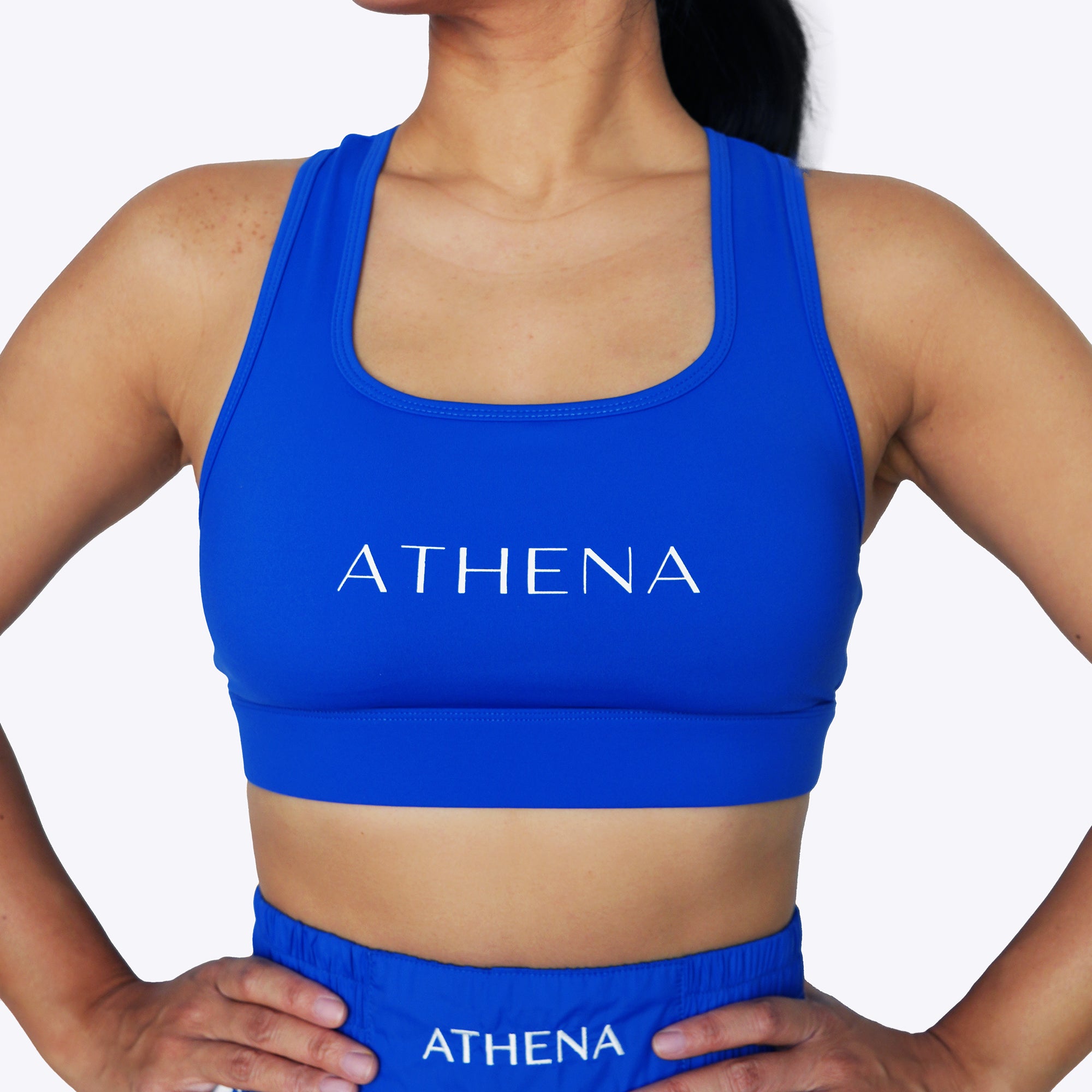 Athena Fightwear blue fight racer back sports bras for muay thai boxing kickboxing competition