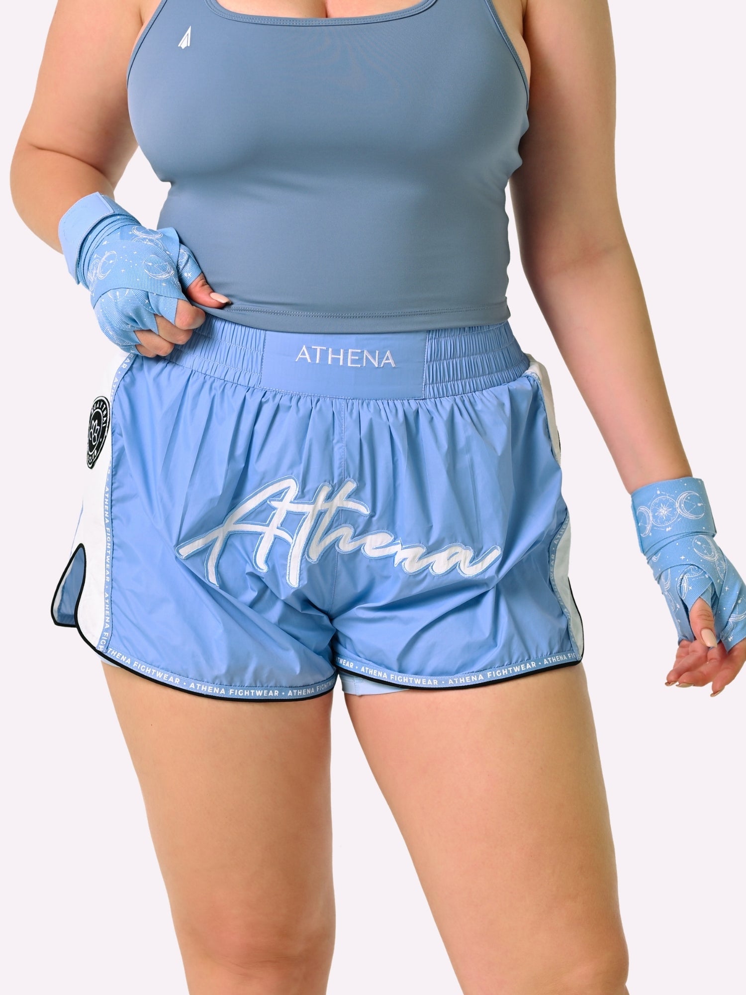 Athena Fightwear Alke Women's Muay Thai Shorts light baby blue nylon fast dry wide hips with in built safety shorts and pockets