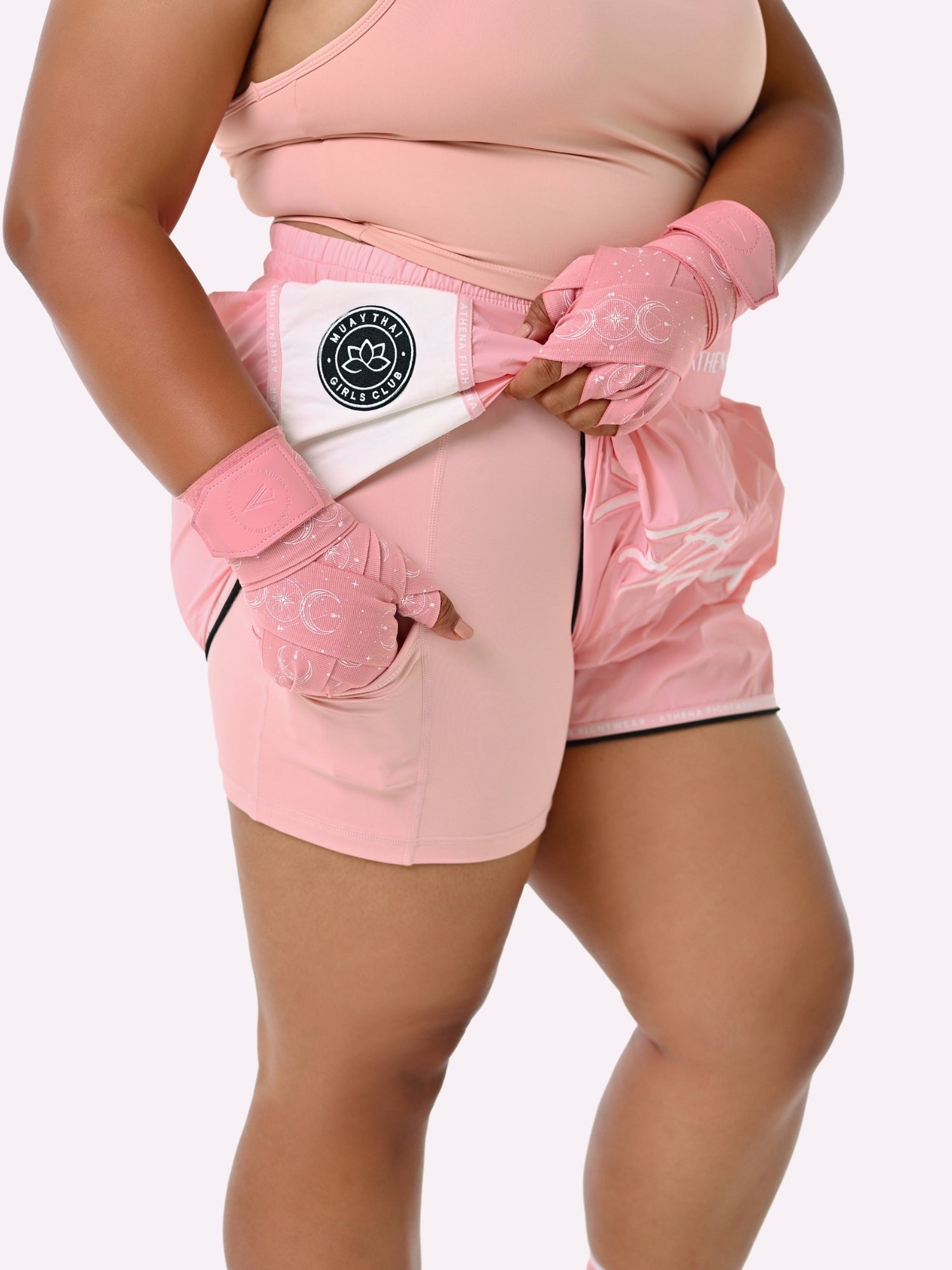 Athena Fightwear women's muay thai fight shorts light pink nylon fast drying lightweight with safety shorts