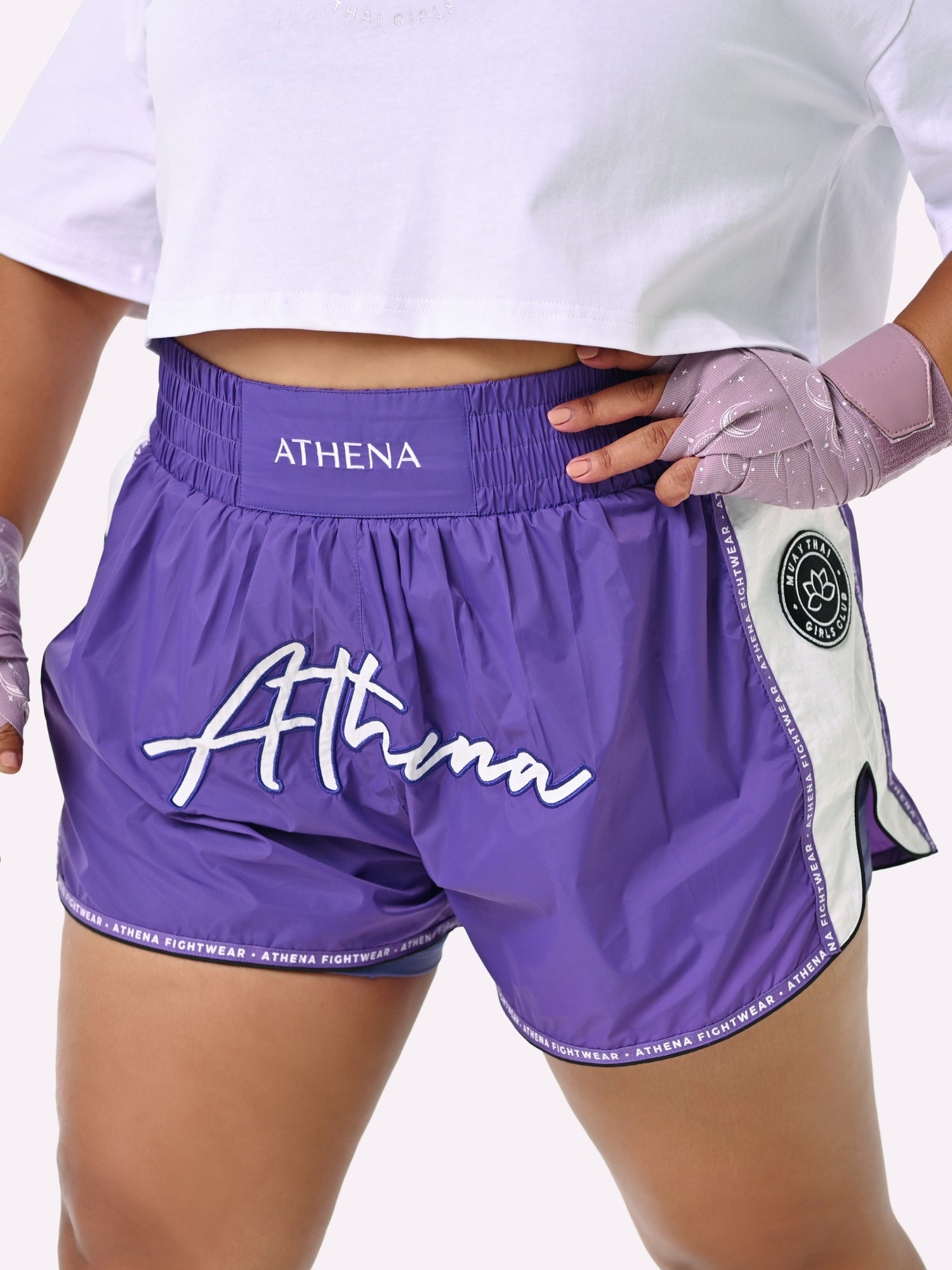 Athena Fightwear Alke Women's Muay Thai Shorts eggplant purple nylon fast dry wide hips with in built safety shorts and pockets