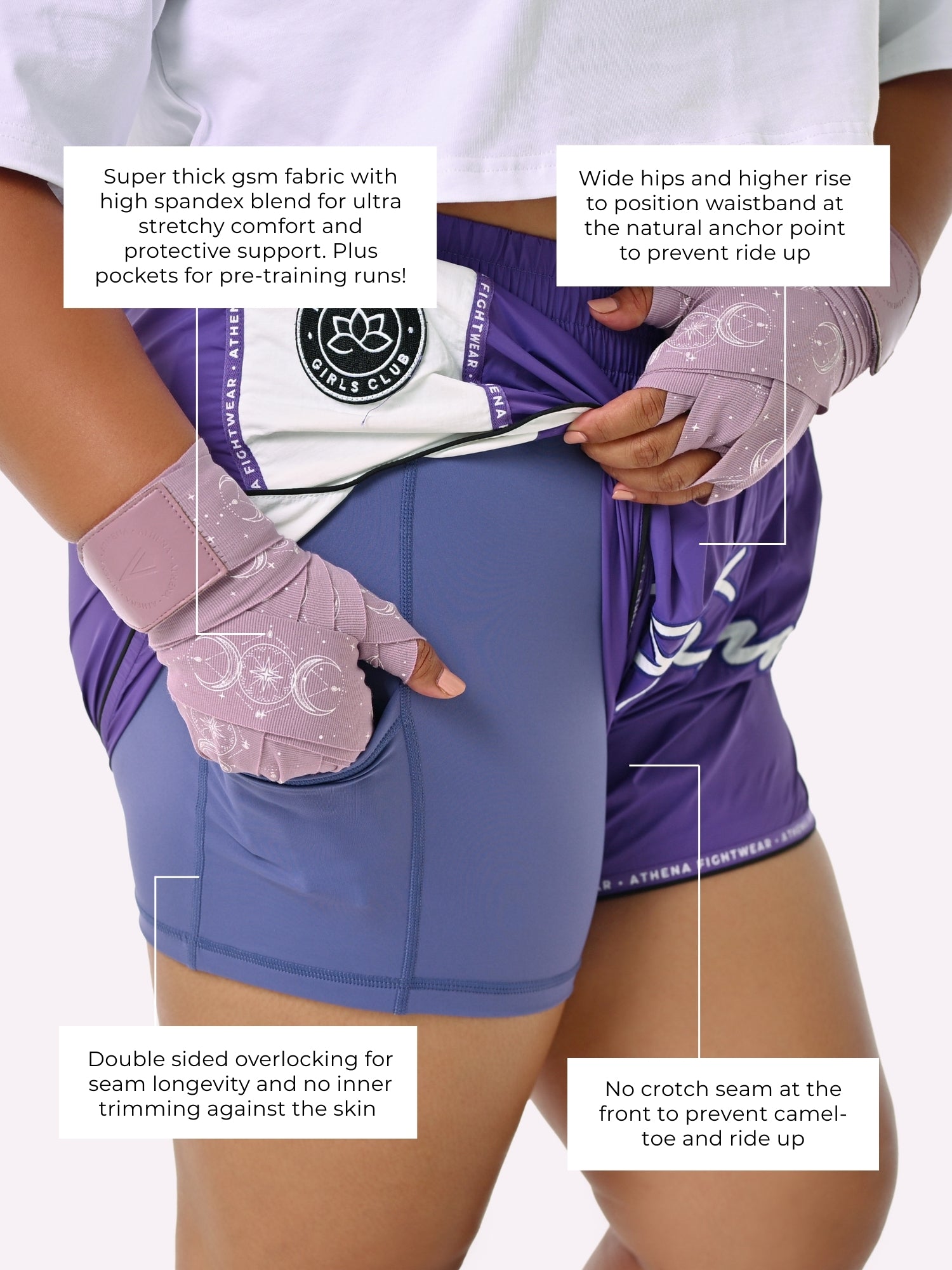 Athena Fightwear Alke Women's Muay Thai Shorts eggplant purple nylon fast dry wide hips with in built safety shorts and pockets