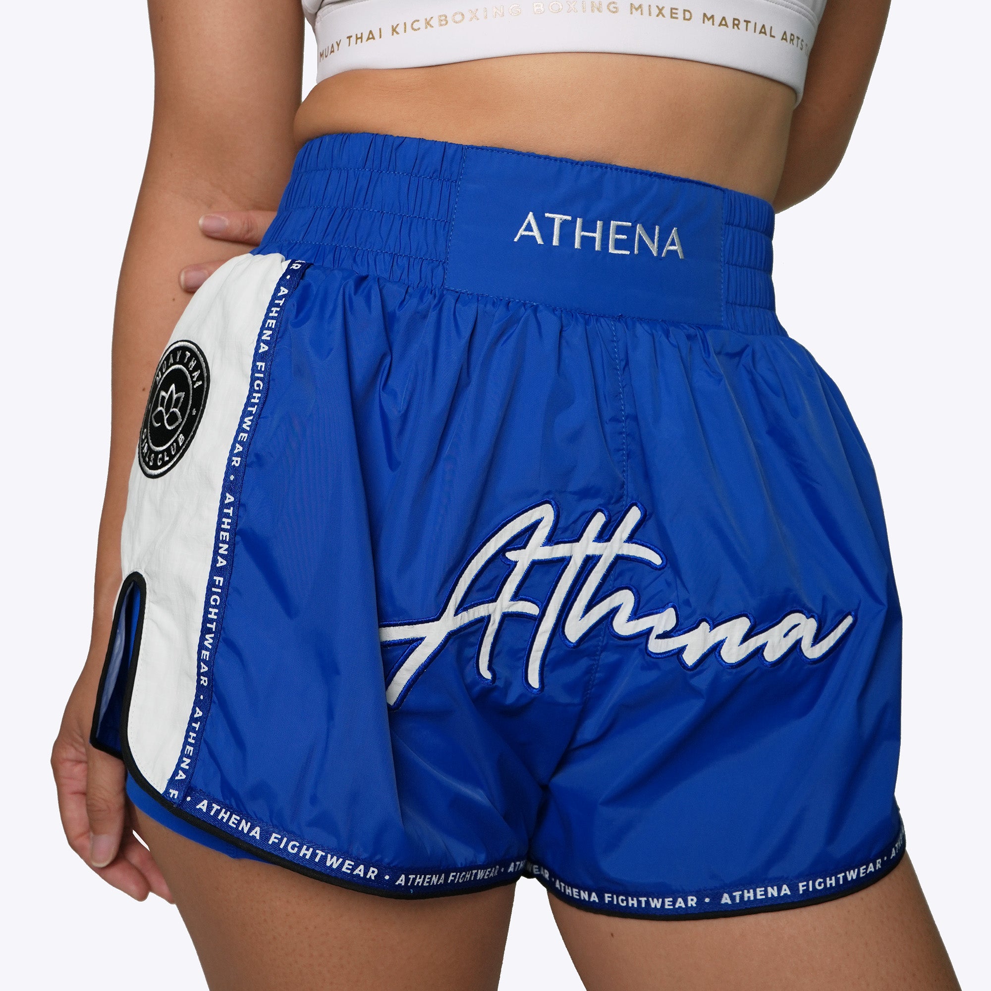 Athena Fightwear women's muay thai fight shorts blue nylon fast drying lightweight with safety shorts