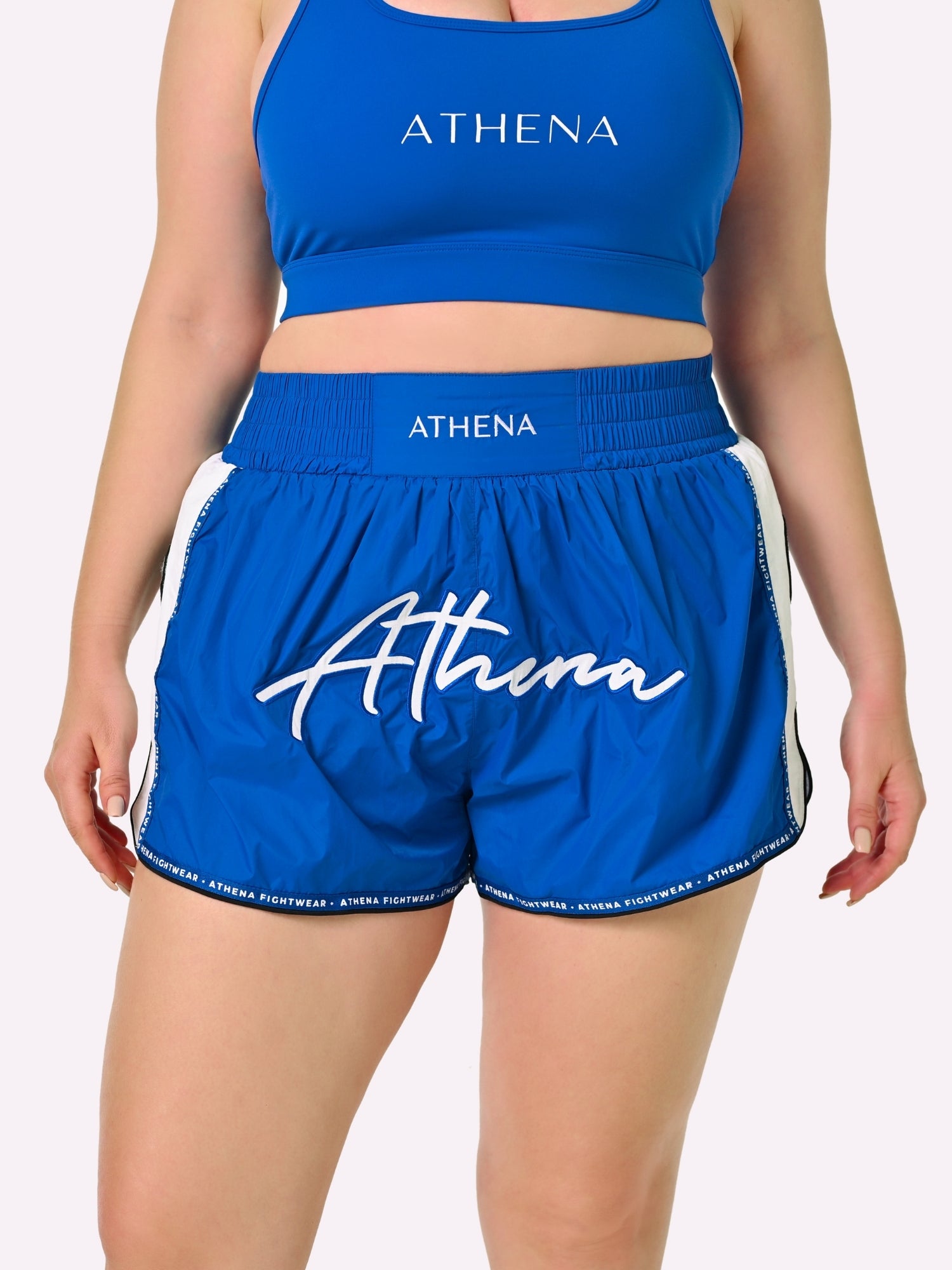 Athena Fightwear Alke Women's Muay Thai Shorts blue fight corner nylon fast dry wide hips with in built safety shorts and pockets