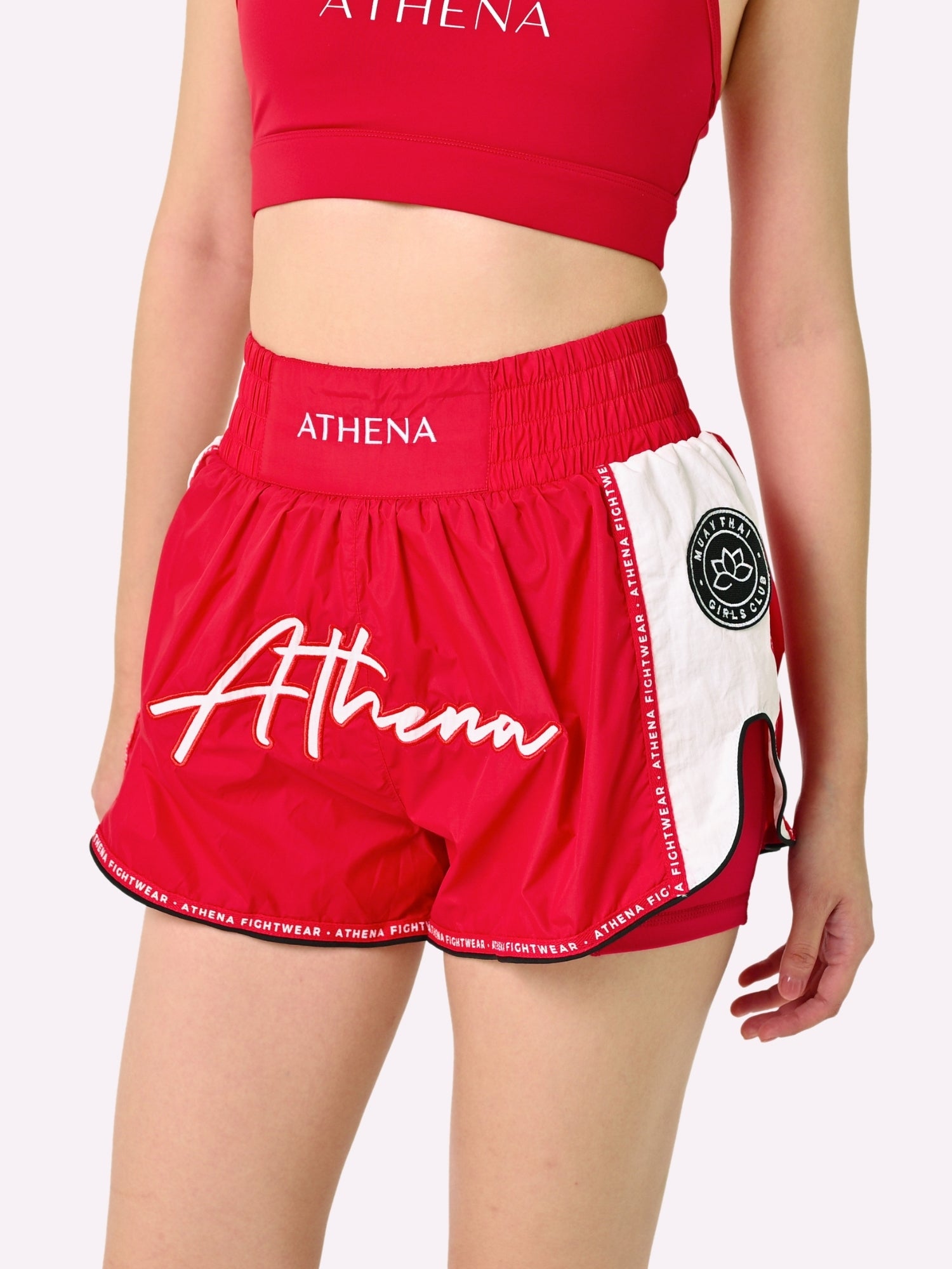 Athena Fightwear Alke Women's Muay Thai Shorts red fight corner nylon fast dry wide hips with in built safety shorts and pockets