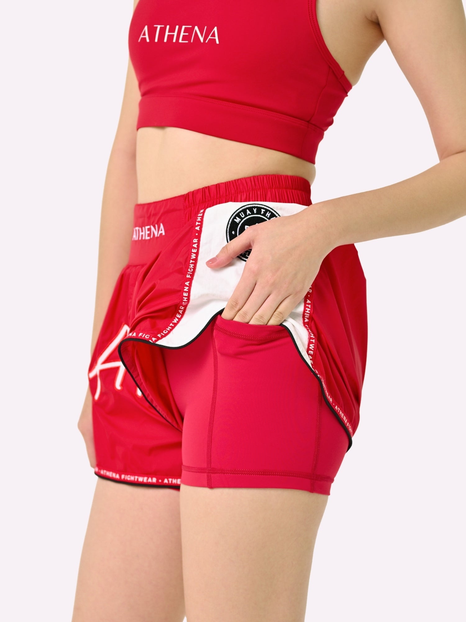 Athena Fightwear Alke Women's Muay Thai Shorts red fight corner nylon fast dry wide hips with in built safety shorts and pockets