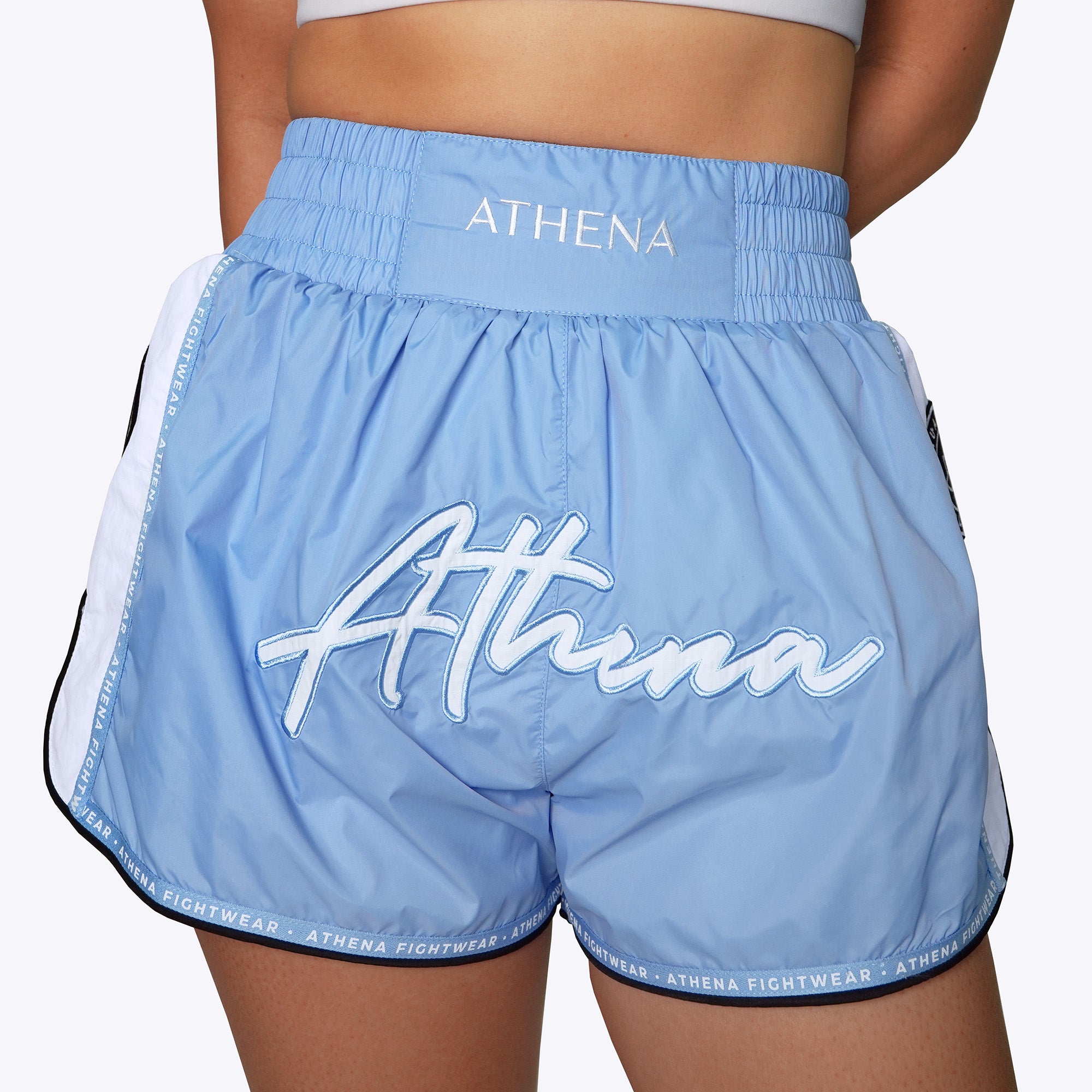 Athena Fightwear women's muay thai fight shorts light blue nylon fast drying lightweight with safety shorts