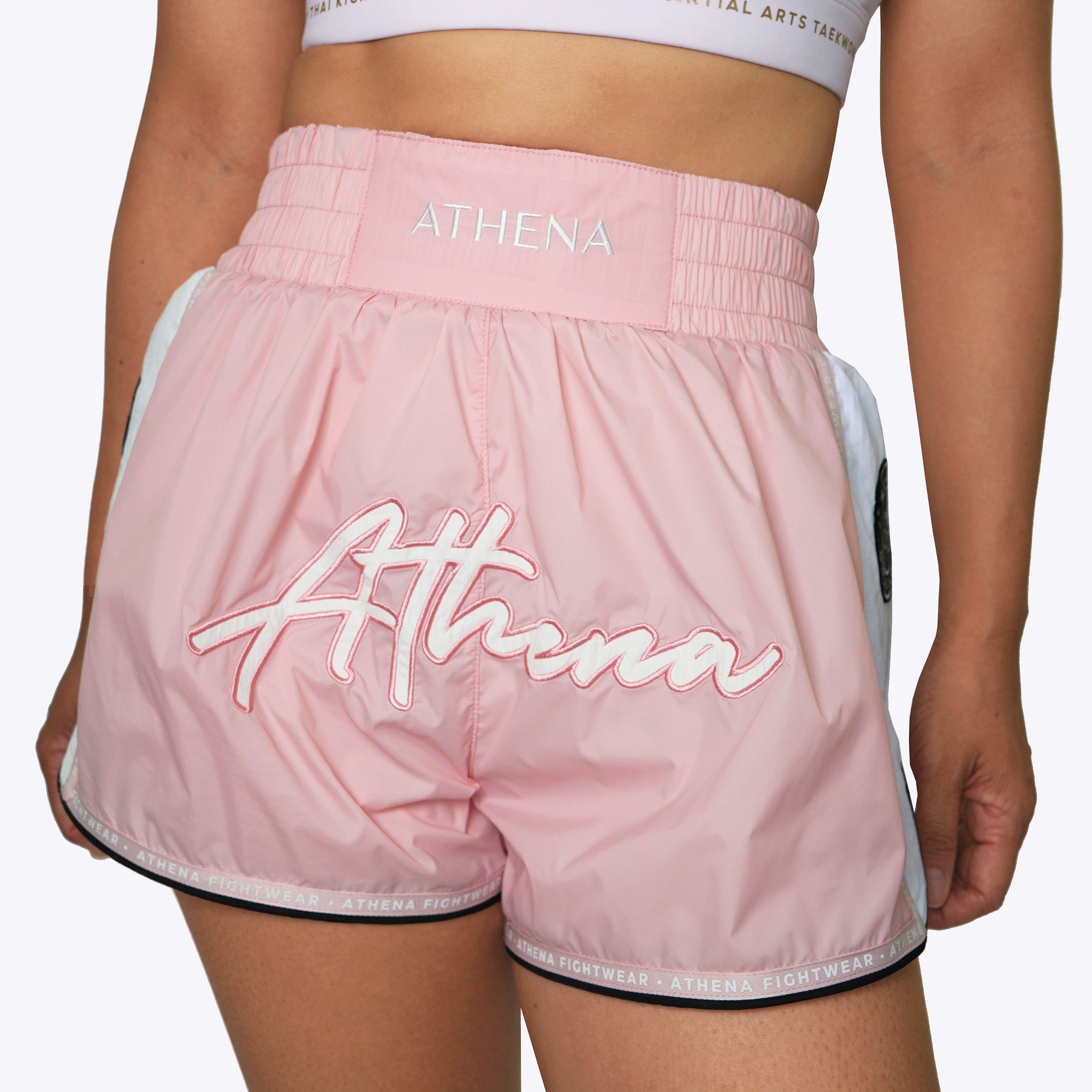 Athena Fightwear women's muay thai fight shorts light pink nylon fast drying lightweight with safety shorts