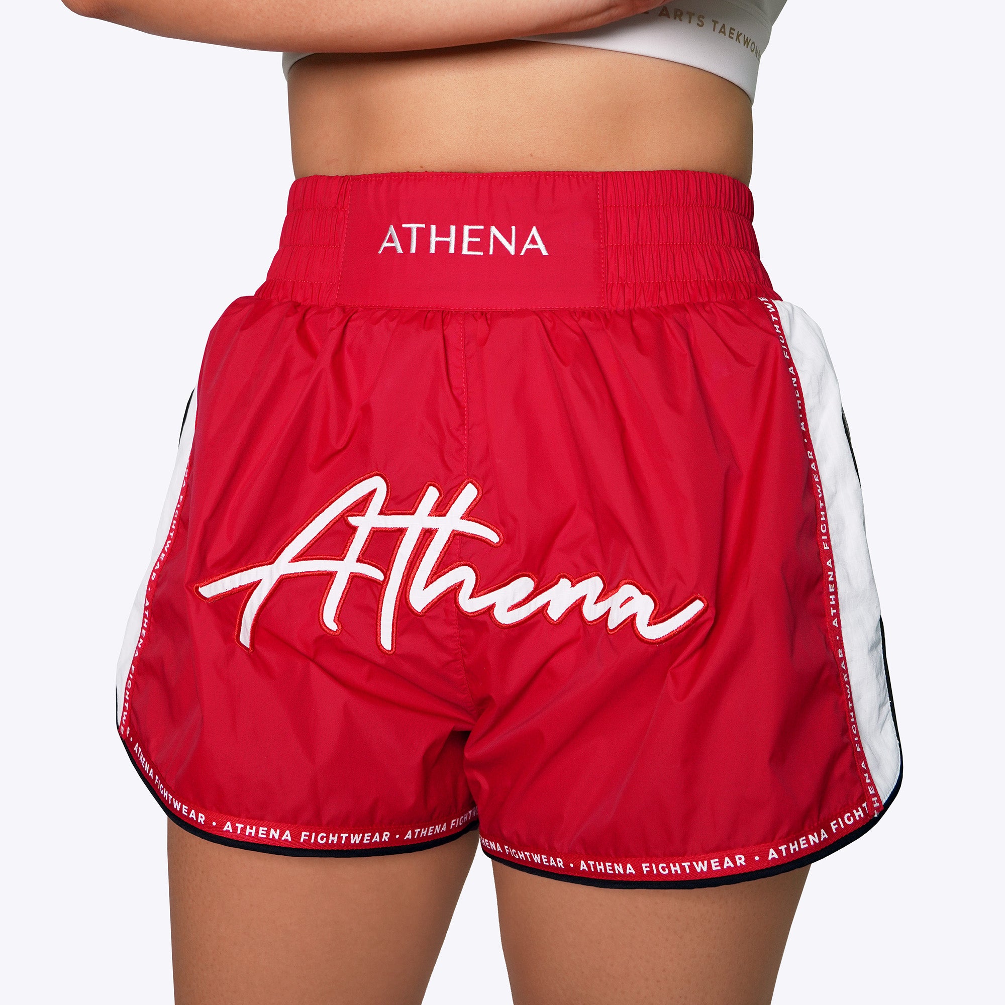 Athena Fightwear women's muay thai fight shorts red nylon fast drying lightweight with safety shorts