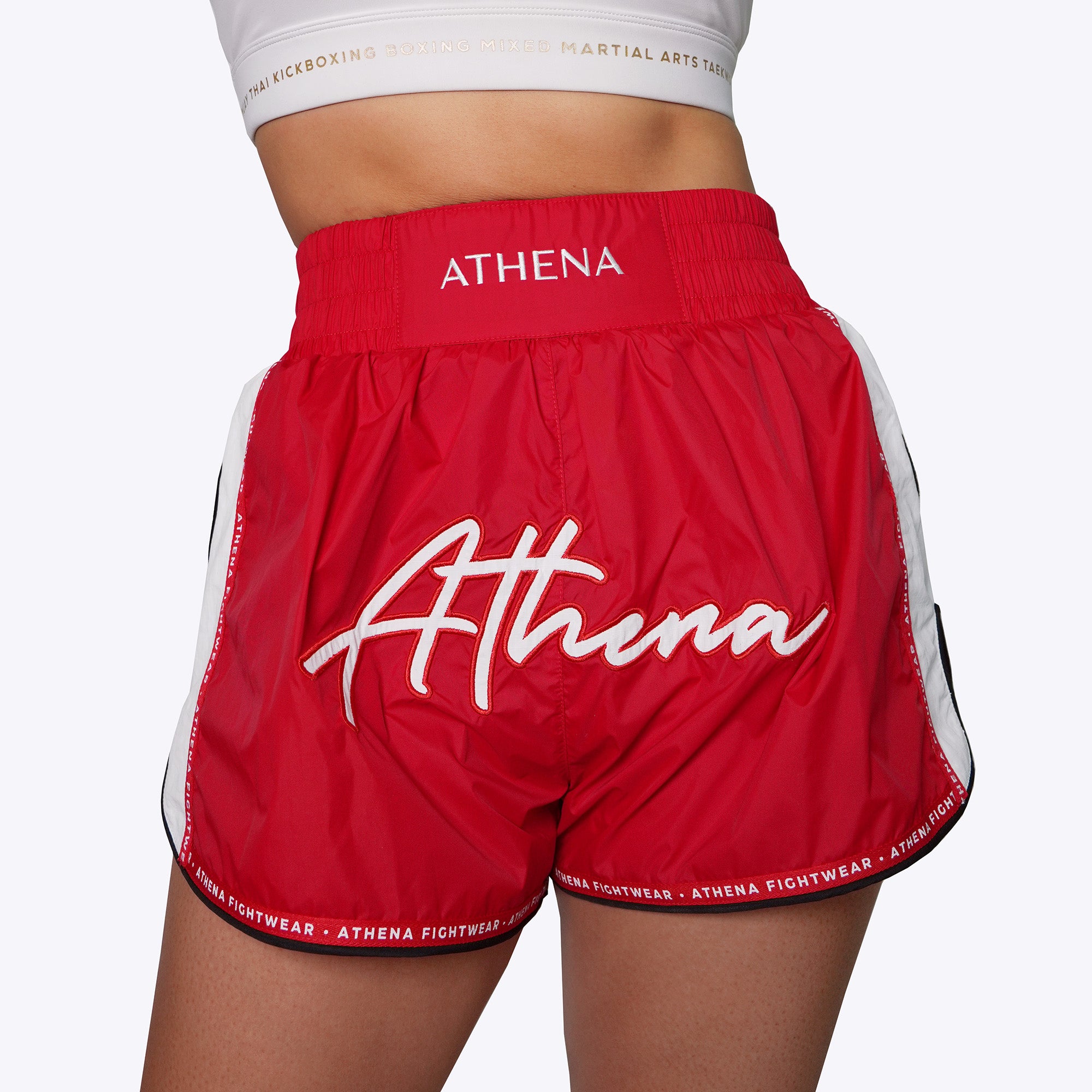 Athena Fightwear women's muay thai fight shorts red nylon fast drying lightweight with safety shorts