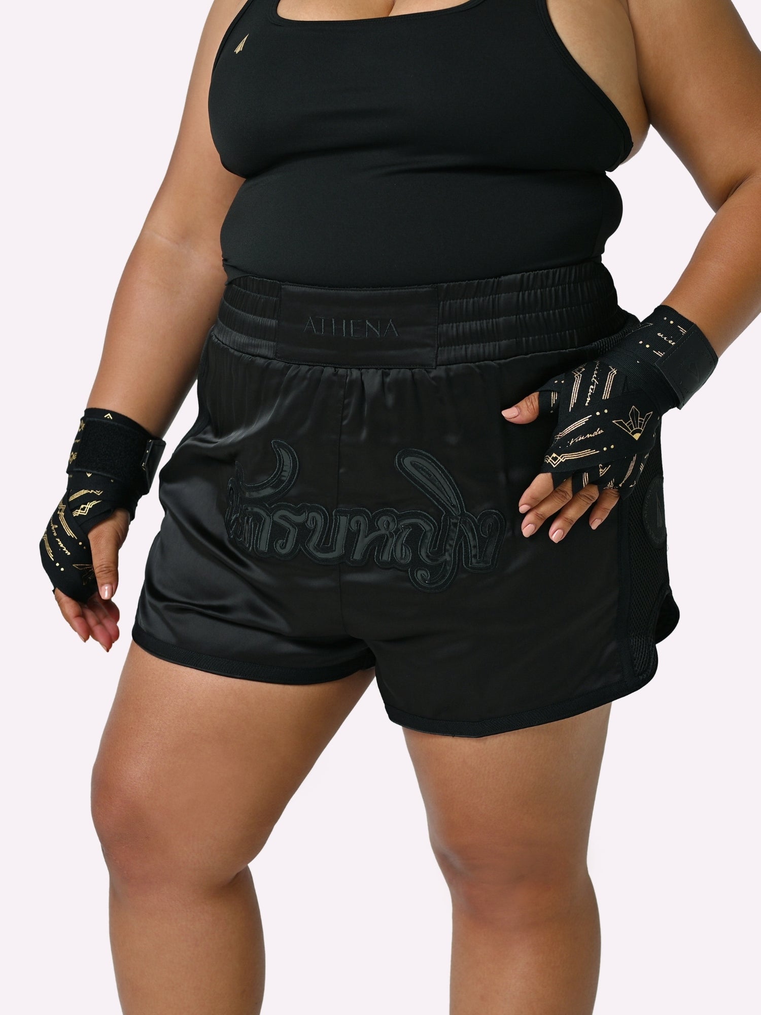 Athena Fightwear women's Artemisia Muay Thai Shorts with wide hips and built in safety shorts with anti camel toe anti ride up and pockets