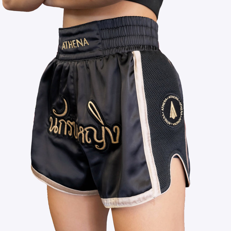 Athena Fightwear women's ladies Muay Thai shorts with wide hips and built in compression shorts warrior women black gold