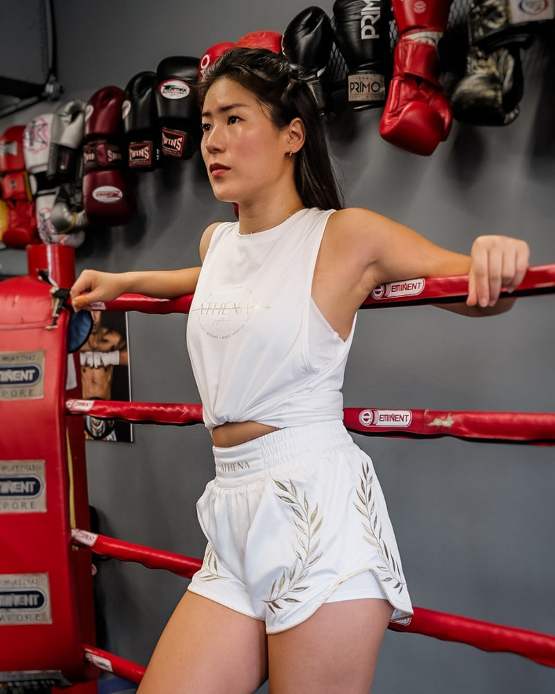 Athena Fightwear first ever women's muay thai shorts for thai boxing kickboxing with higher waist to hip ratio and safety shorts
