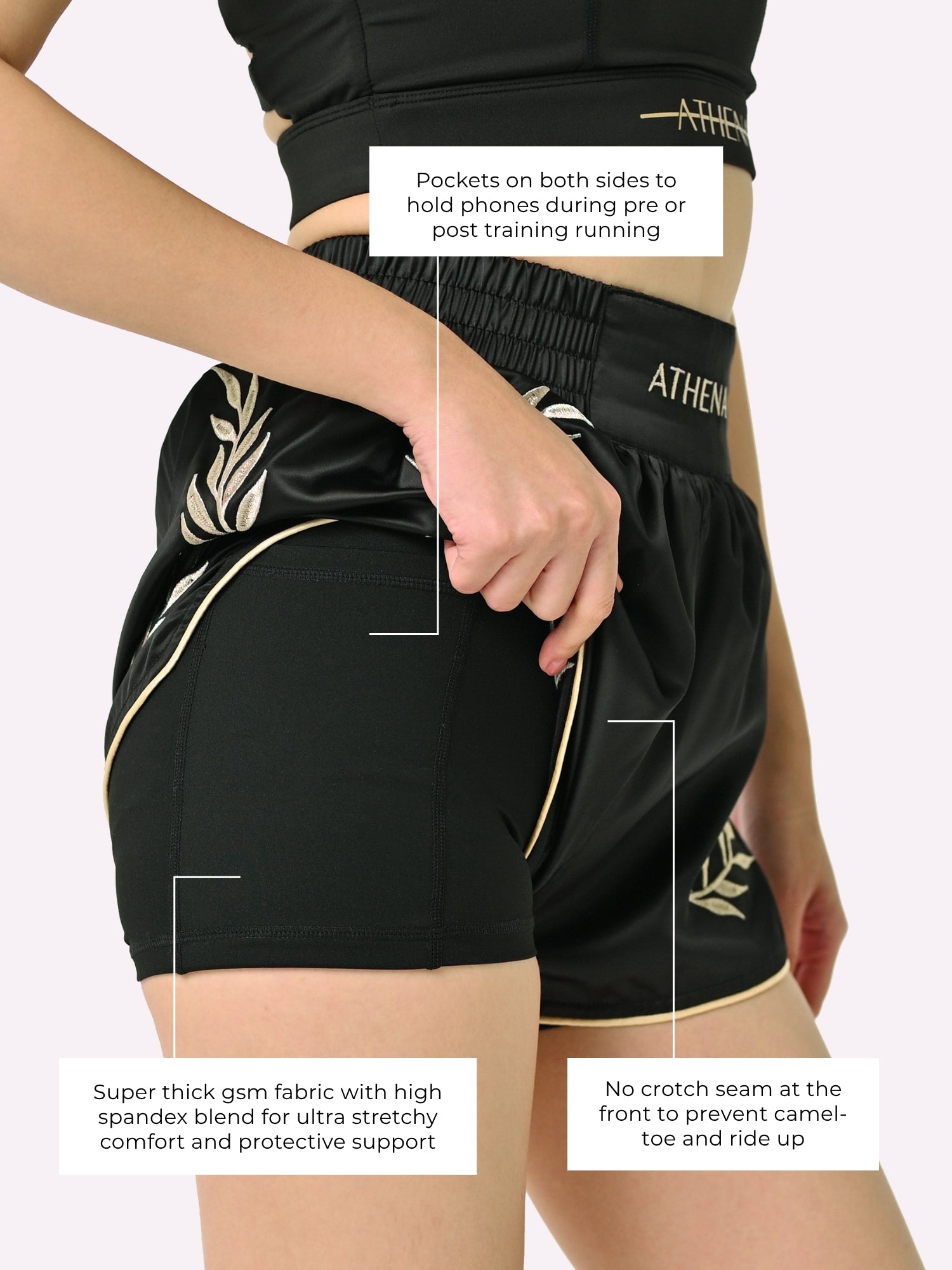 Athena Fightwear Athena Women's Muay Thai Shorts black & gold made with female waist to hip ratio wide hips built-in safety shorts with anti-camel toe and anti-ride up design and pockets
