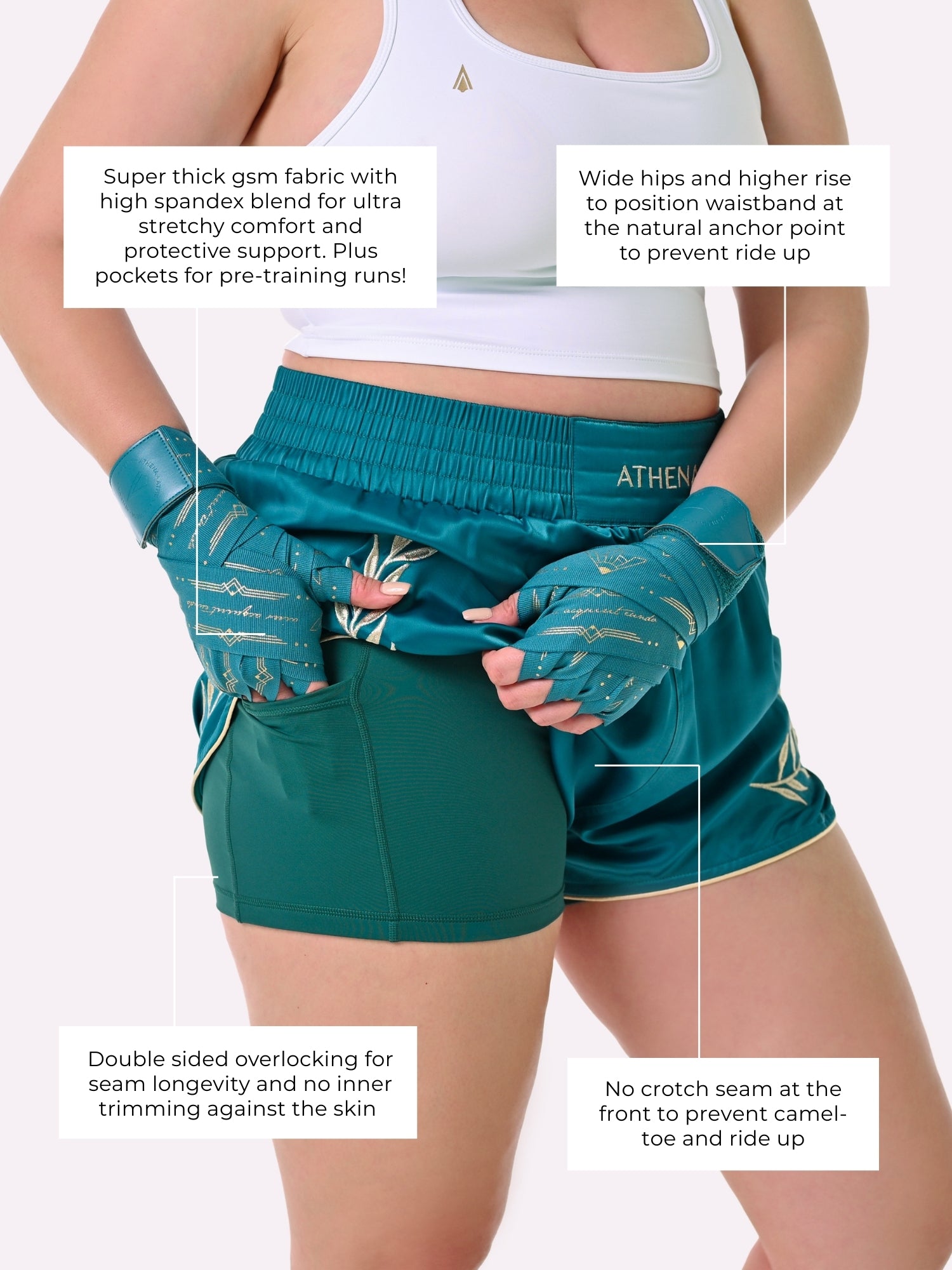 Athena Fightwear Athena Women's Muay Thai Shorts teal & gold made with female waist to hip ratio wide hips built-in safety shorts with anti-camel toe and anti-ride up design and pockets