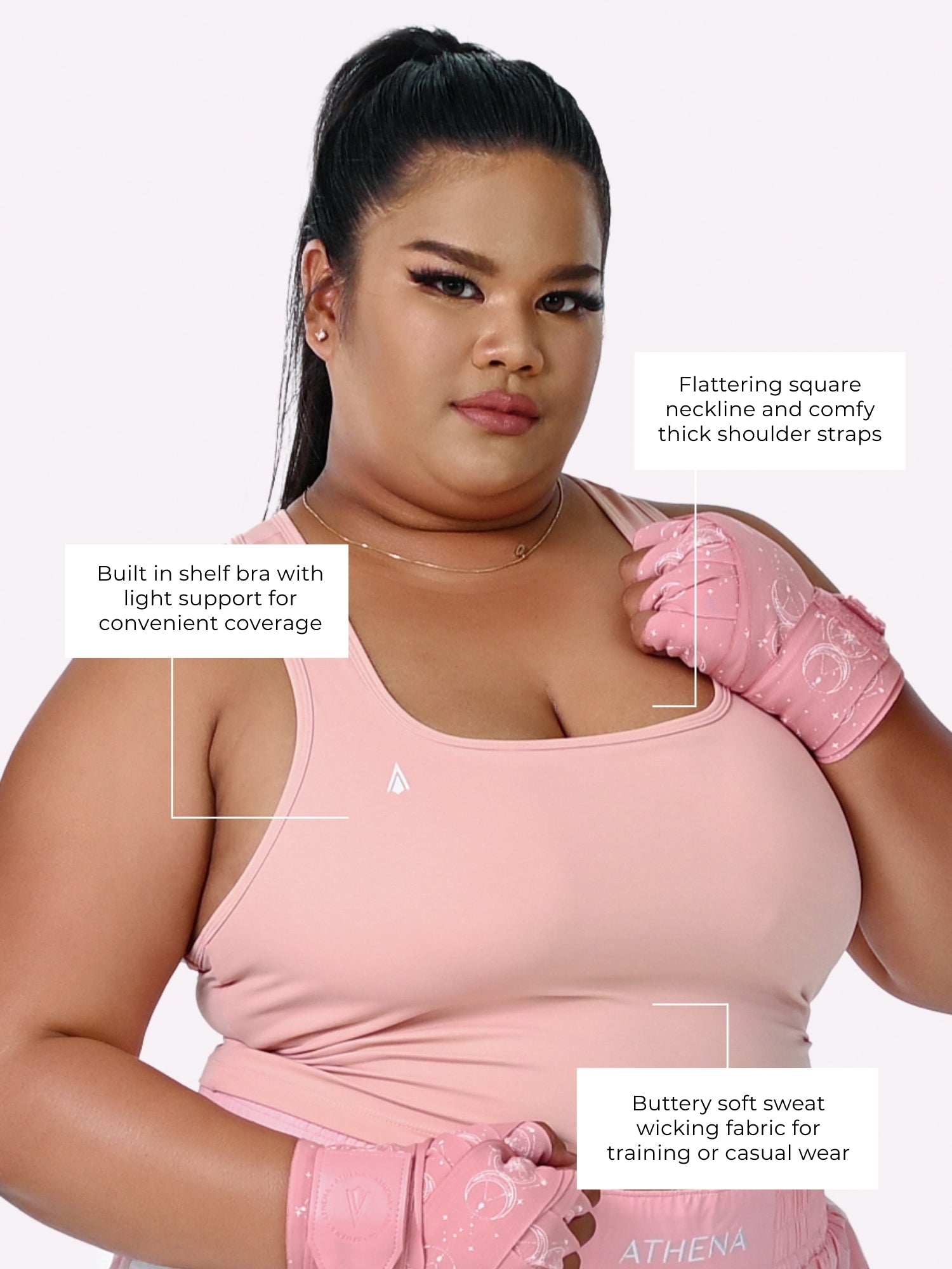 Athena Fightwear Diana Crop Top for women with built in shelf bra light pink