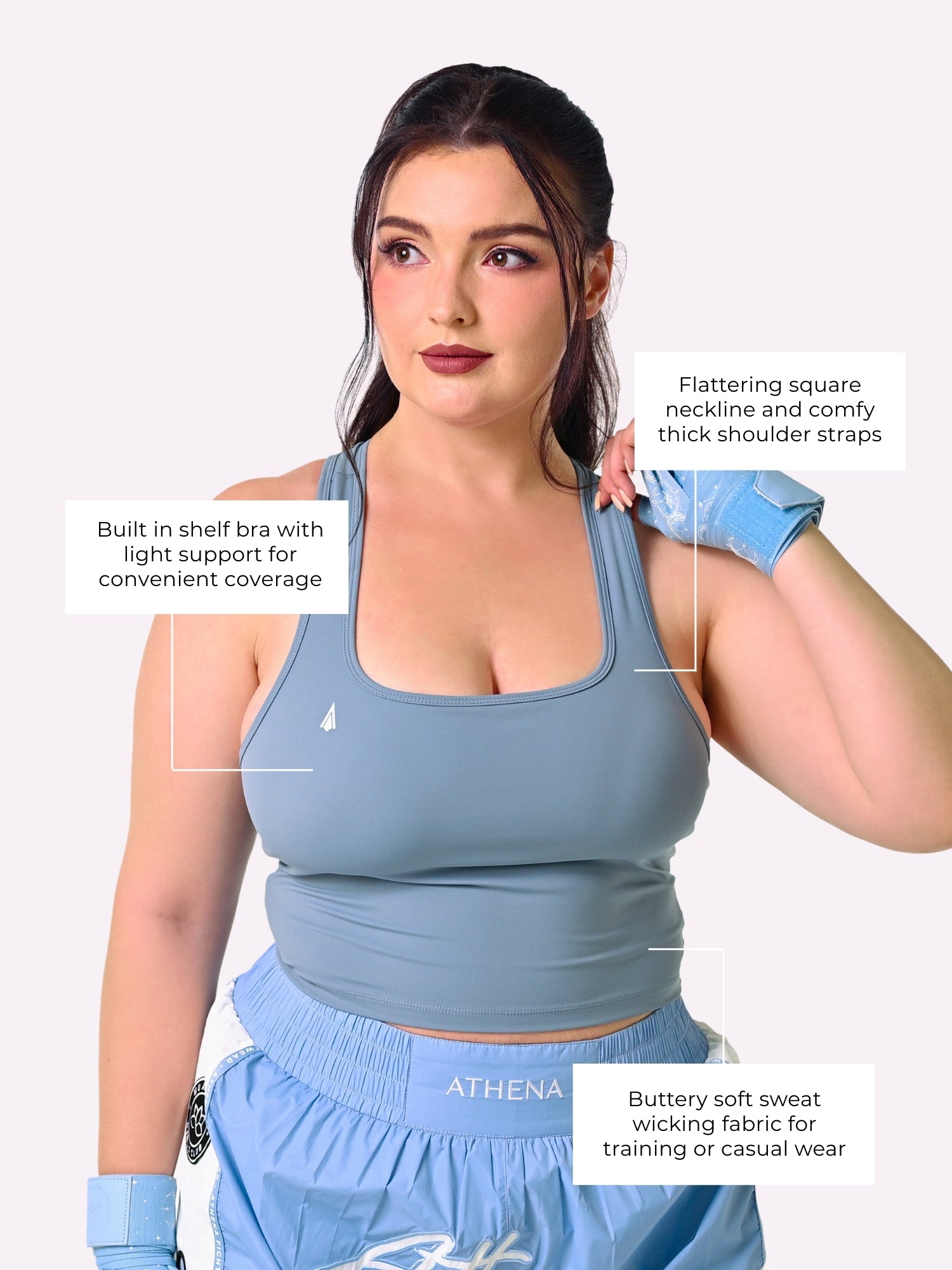 Athena Fightwear Diana Crop Top with shelf bra for women light support light blue