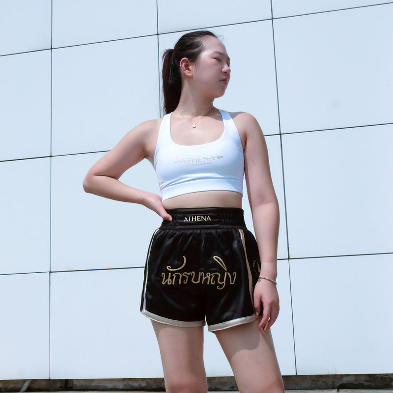 Athena Fightwear cross back sports bra for muay thai boxing kickboxing mma white gold