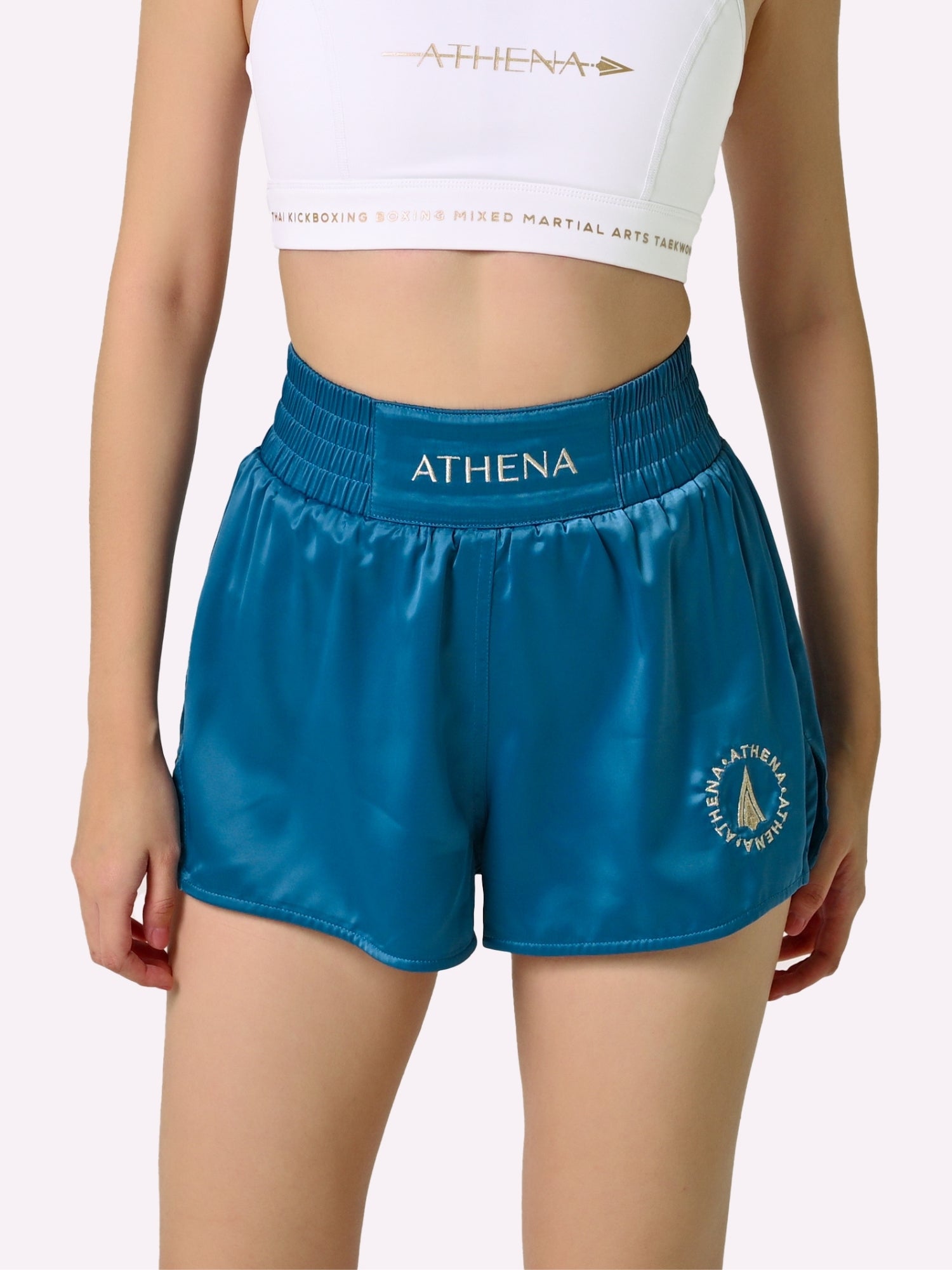 Athena Fightwear Women's Enyo Muay Thai Shorts Cerulean Blue made for the female body wide hips built-in safety shorts anti-camel toe and anti-ride up with pockets 