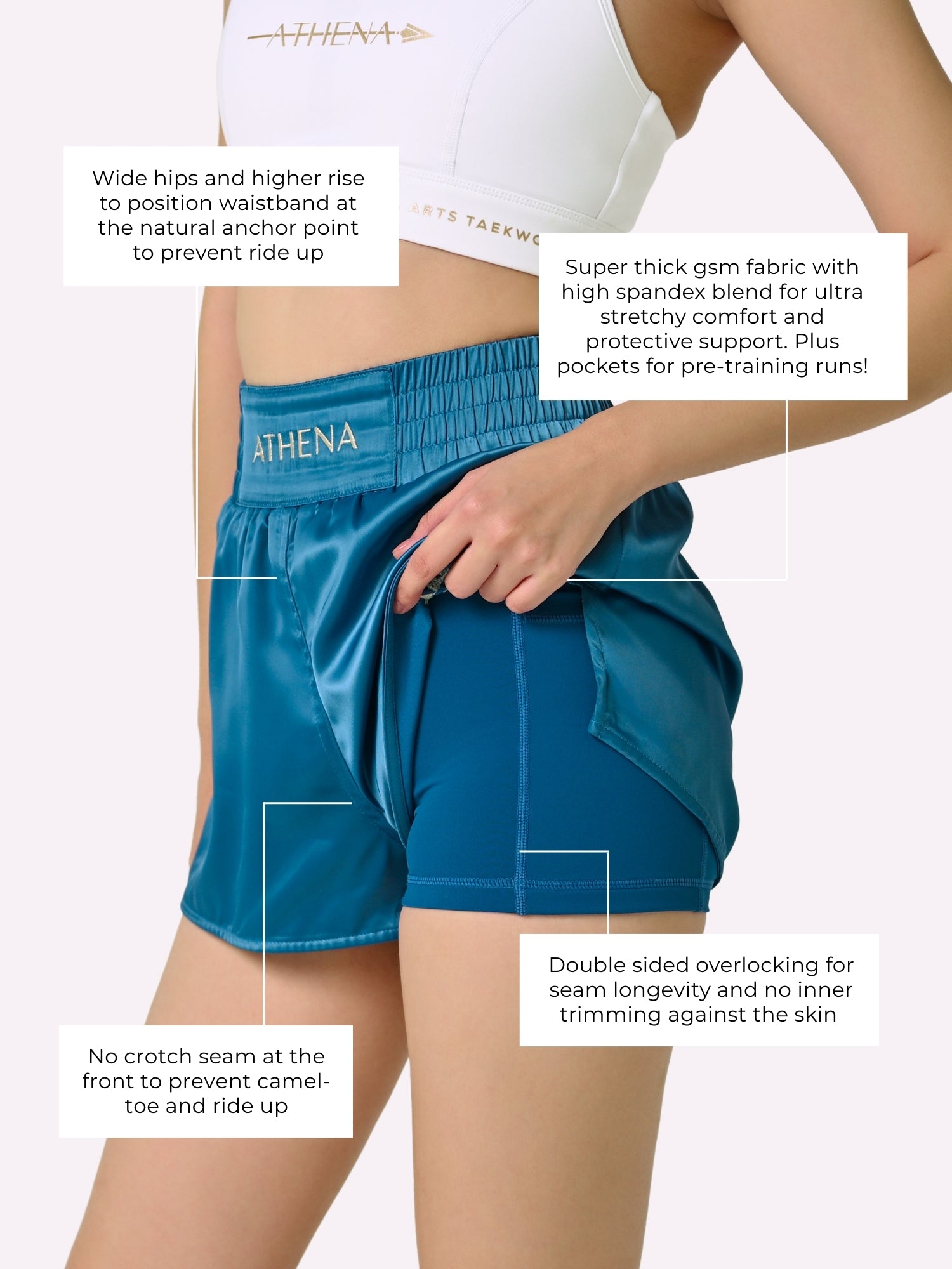 Athena Fightwear Women's Enyo Muay Thai Shorts Cerulean Blue made for the female body wide hips built-in safety shorts anti-camel toe and anti-ride up with pockets 