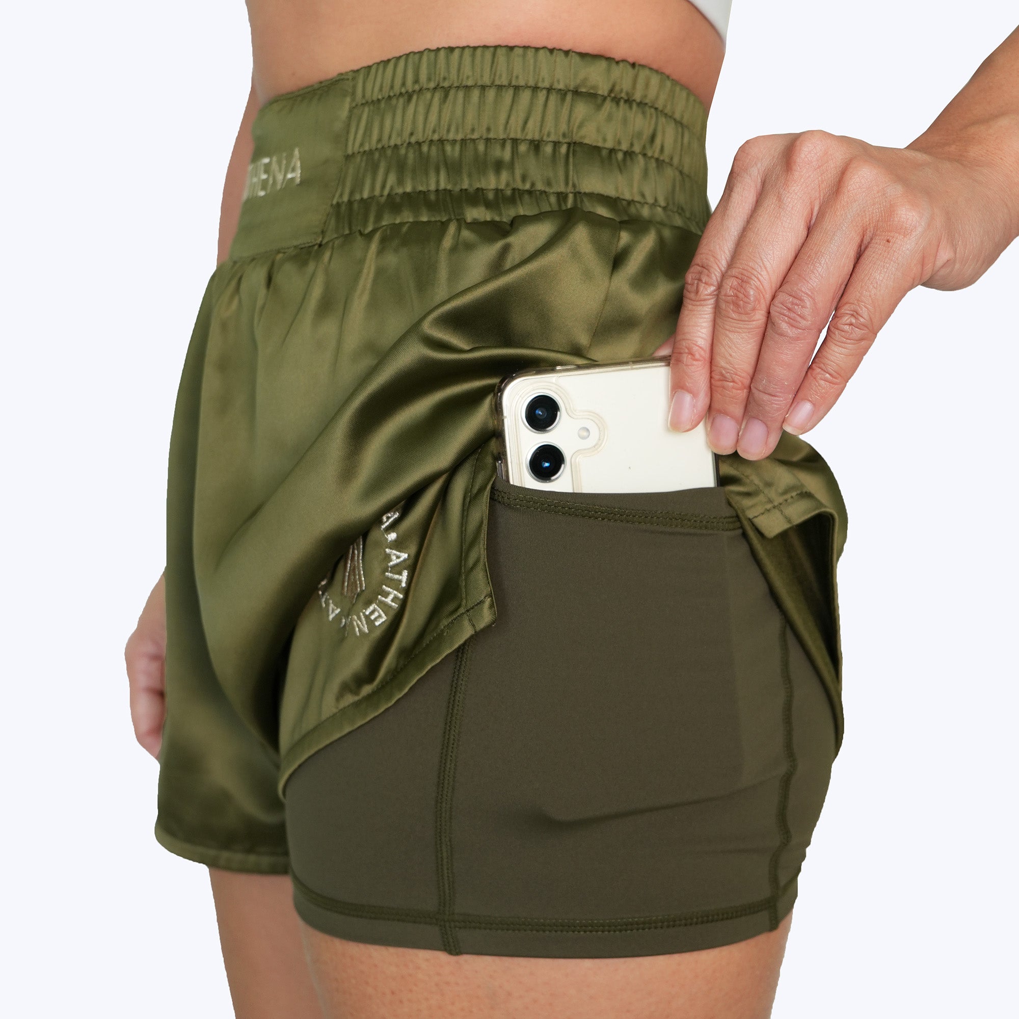 Athena Fightwear female cut women's muay thai shorts Enyo khaki green extra wide hips with pockets