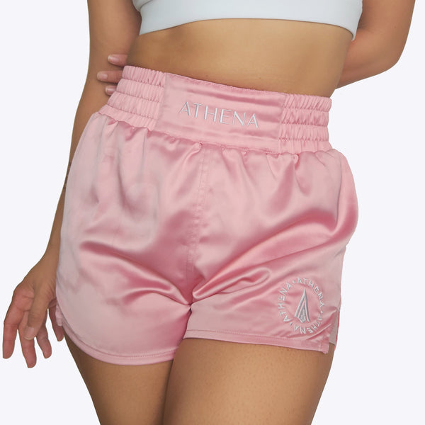Athena Fightwear women's pink Muay Thai shorts with wide hips and built in safety shorts for boxing Muay Thai kickboxing