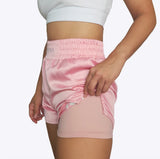  Athena Fightwear women's pink Muay Thai shorts with wide hips and built in safety shorts for boxing Muay Thai kickboxing