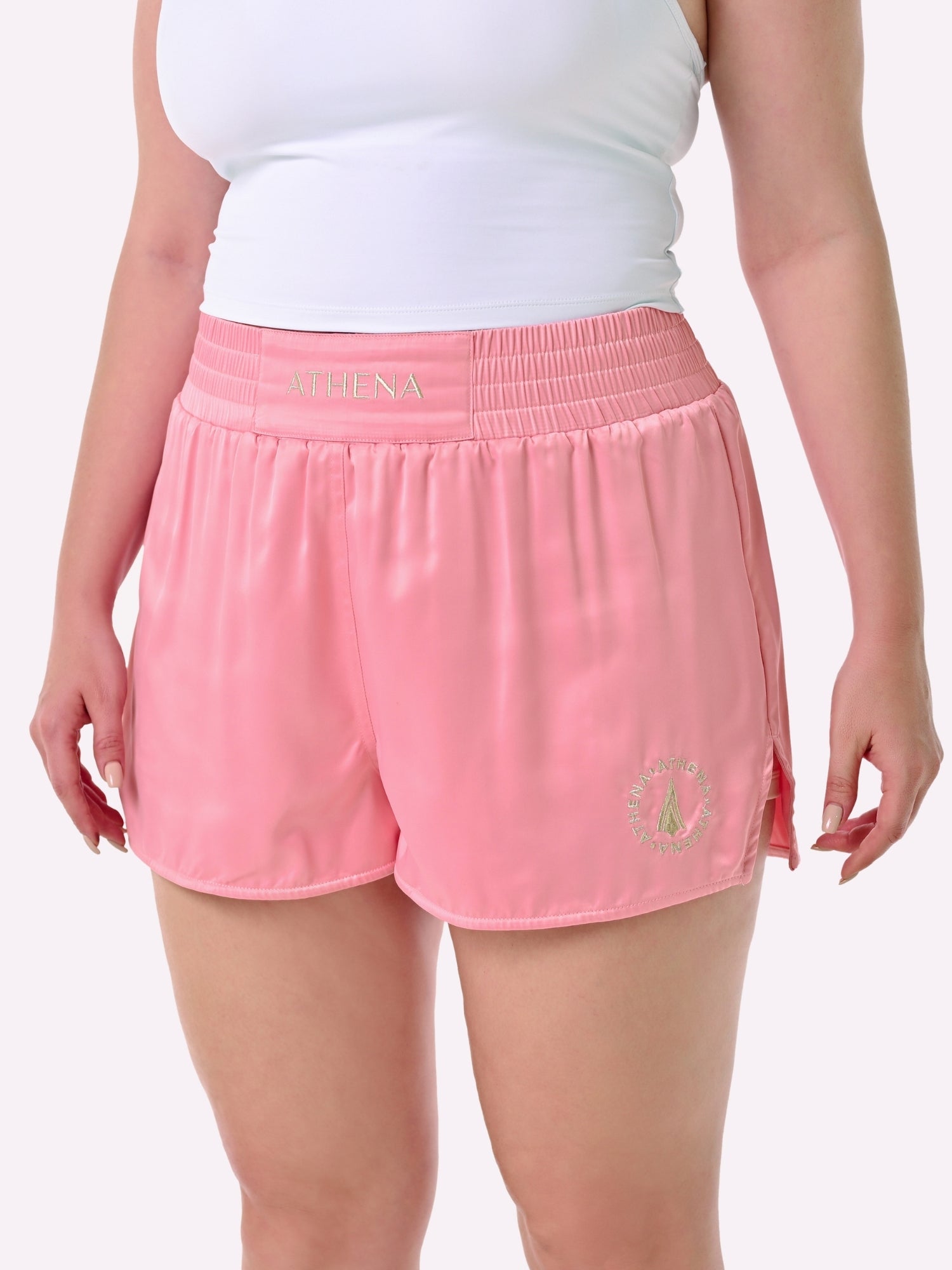 Athena Fightwear Women's Enyo Muay Thai Shorts Pink Lemonade made for the female body with wide hips and built-in safety compression shorts anti-camel toe anti-ride up with pockets