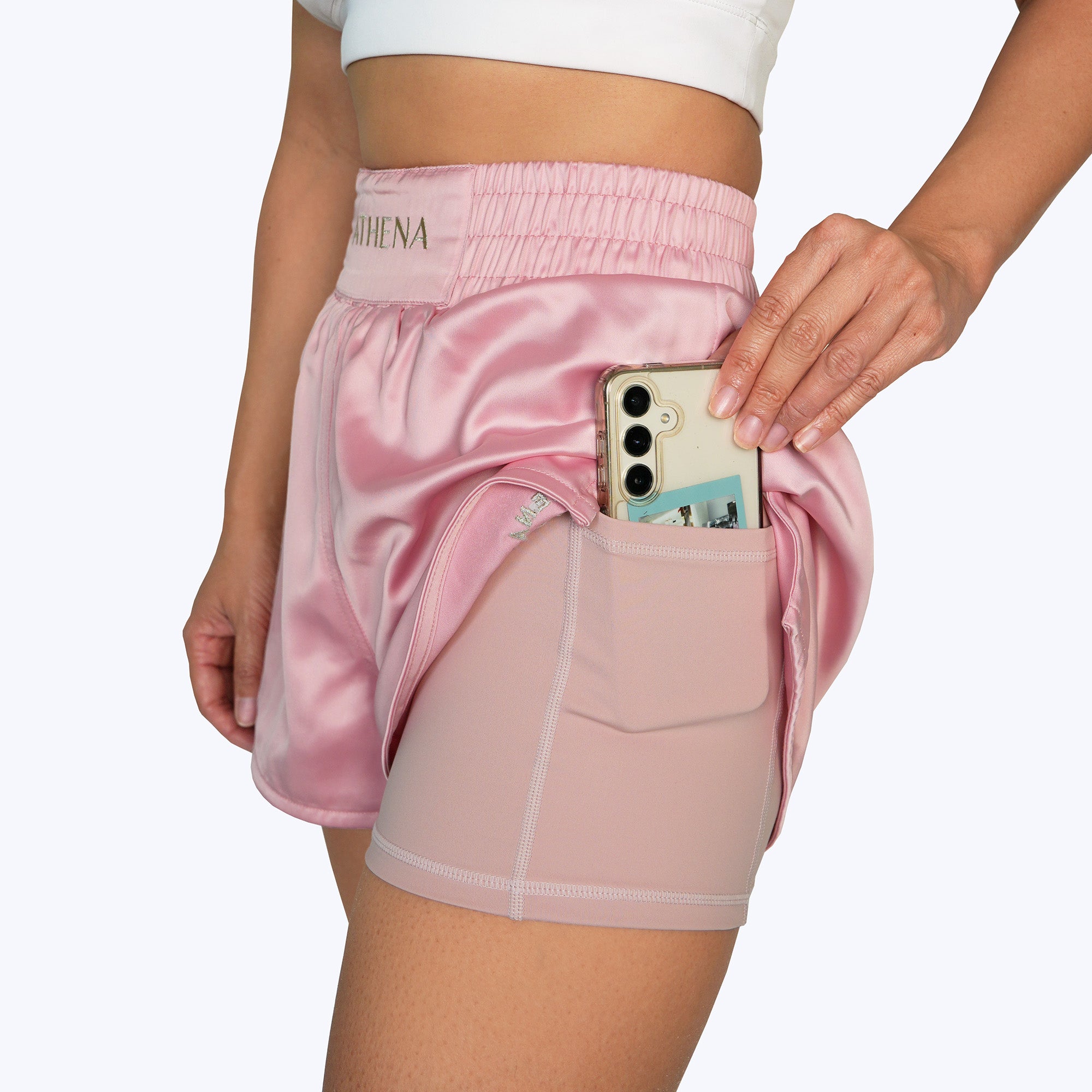 Athena Fightwear female cut women's muay thai shorts Enyo pink extra wide hips with pockets