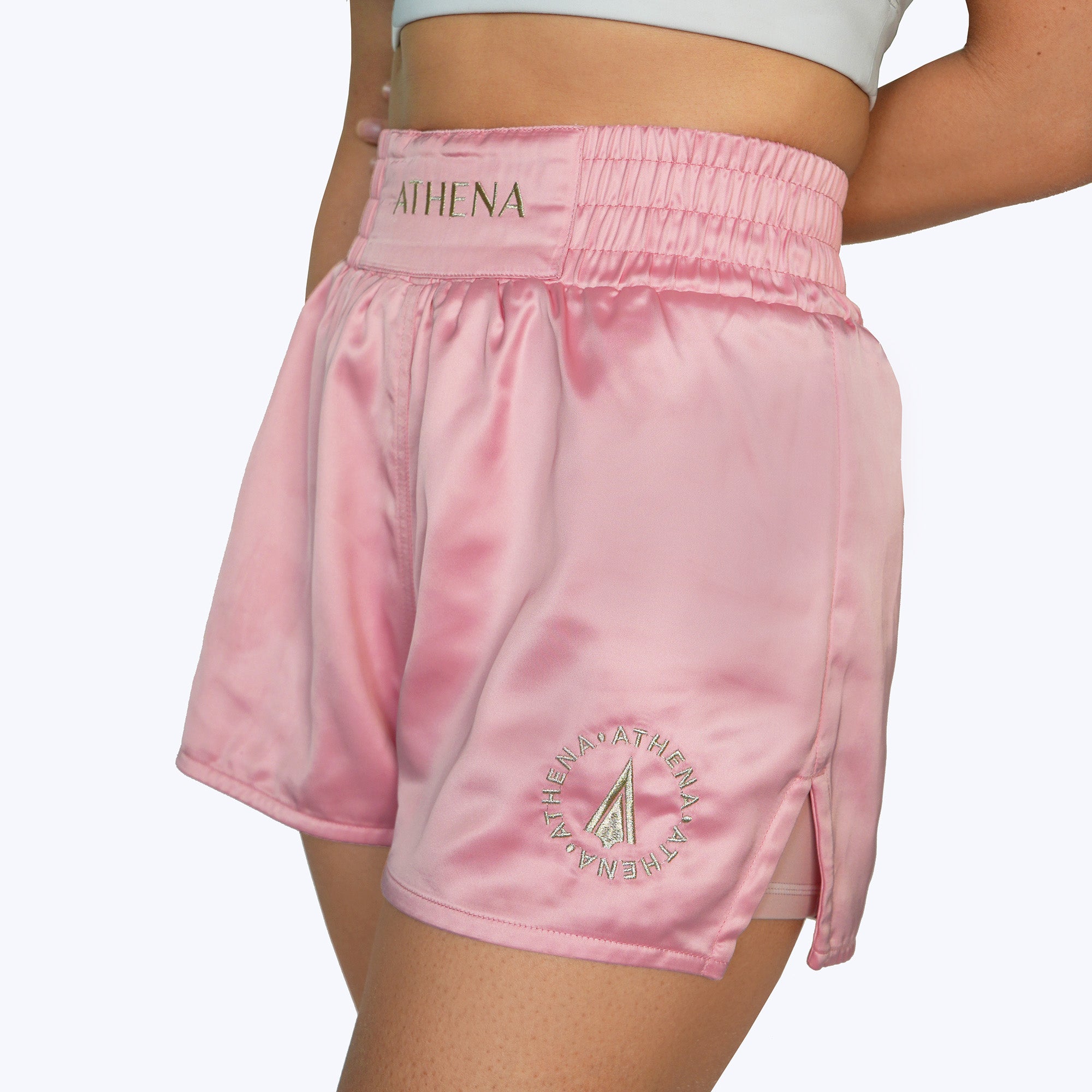 Athena Fightwear female cut women's muay thai shorts Enyo pink extra wide hips with pockets