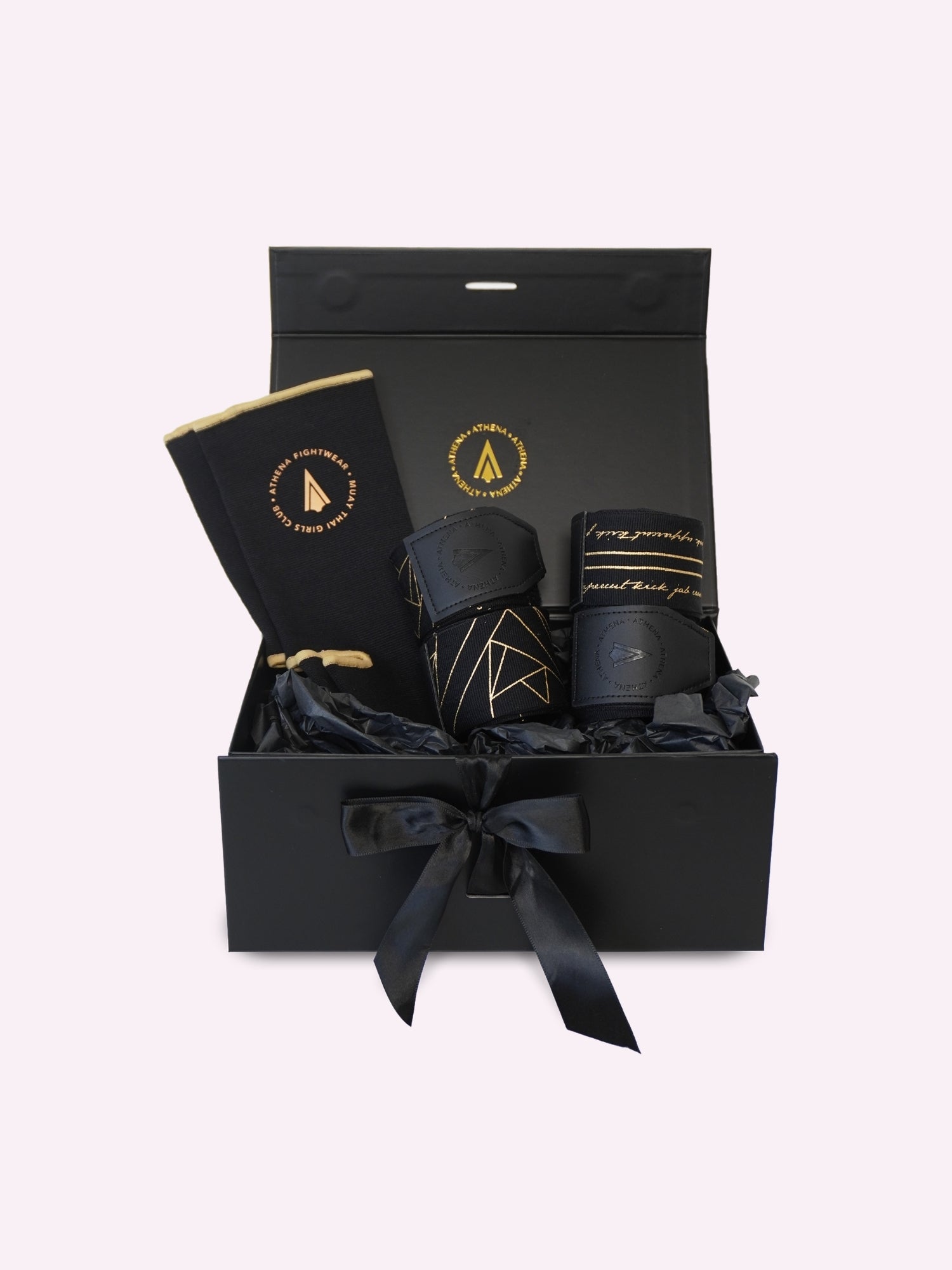 Athena Fightwear gift box with 2 black and gold hand wraps and ankle support in premium black gift box with ribbon for women and girls who love muay thai and kickboxing