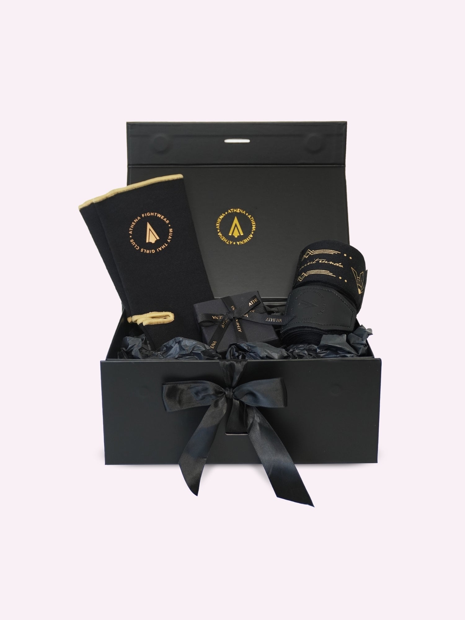 Athena Fightwear gift box with hand wrap ankle support and 18K gold plated tarnish-free sweatproof waterproof jab cross hook necklace for women girls who love muay thai and kickboxing