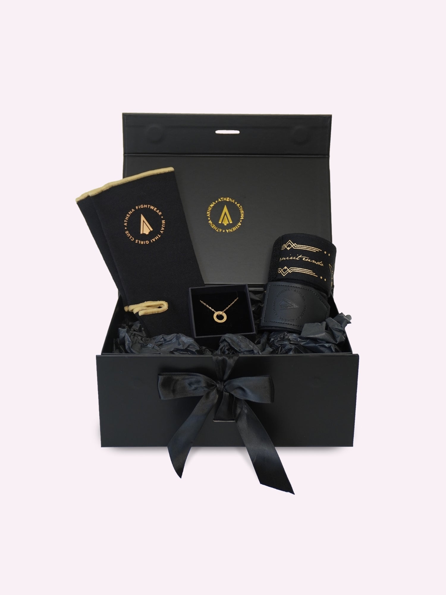 Athena Fightwear gift box with hand wrap ankle support and 18K gold plated tarnish-free sweatproof waterproof jab cross hook necklace for women girls who love muay thai and kickboxing
