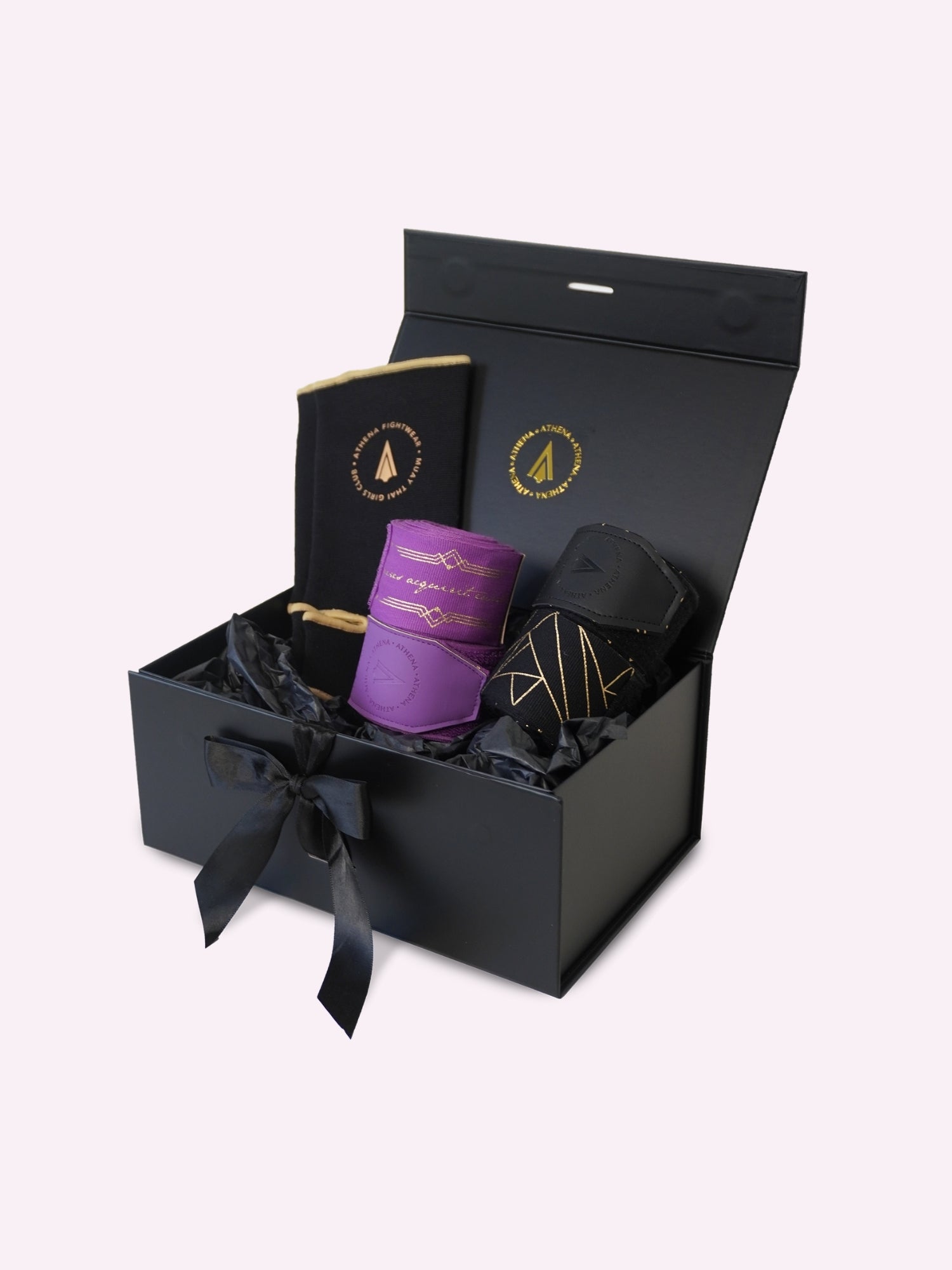athena fightwear black and gold gift box with black and gold handwrap ankle support and jewel coloured boxing hand wrap of your choice perfect gift for girls women who do muay thai kickboxing 