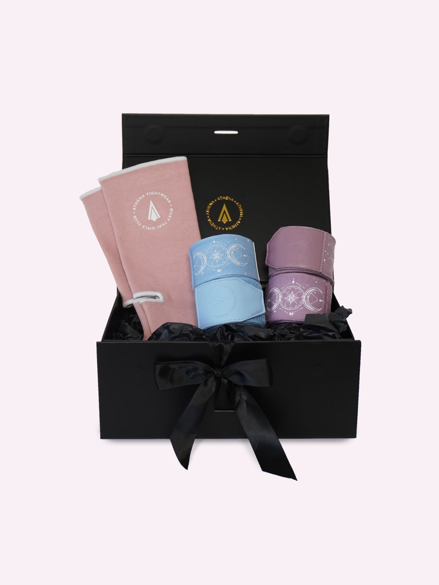 Athena Fightwear gift box with your choice of pastel coloured hand wraps and ankle support packed in a premium black gift box with ribbon perfect gift for women and girls who love muay thai and kickboxing