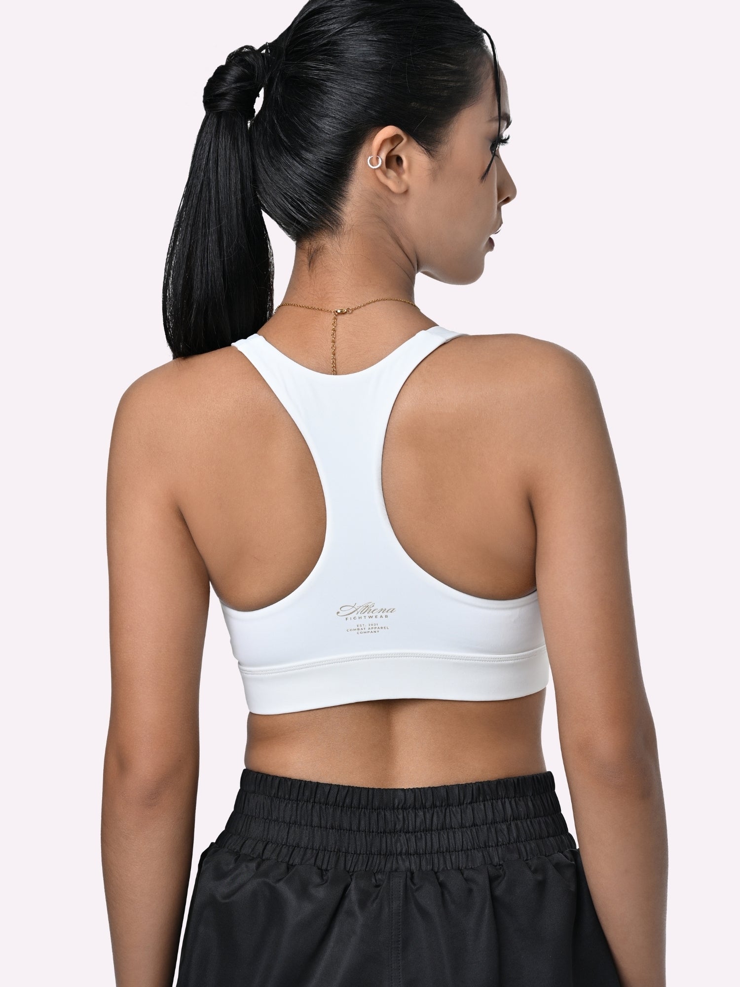 Athena Fightwear Women's V Neck Twist Plunge Sports Bra with Peekaboo and Racer Back for Boxing vintage white and gold