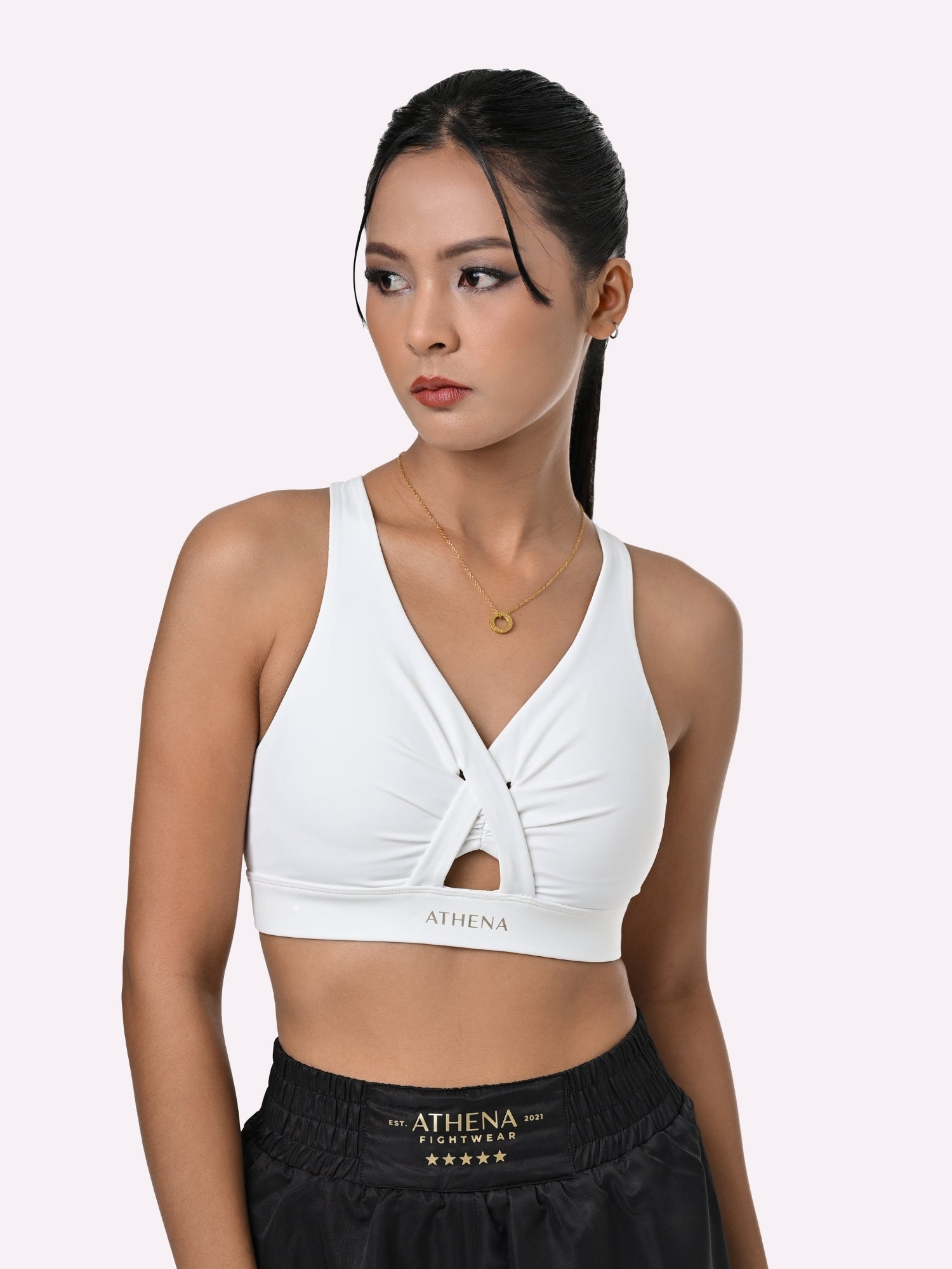 Athena Fightwear Women's V Neck Twist Plunge Sports Bra with Peekaboo and Racer Back for Boxing vintage white and gold