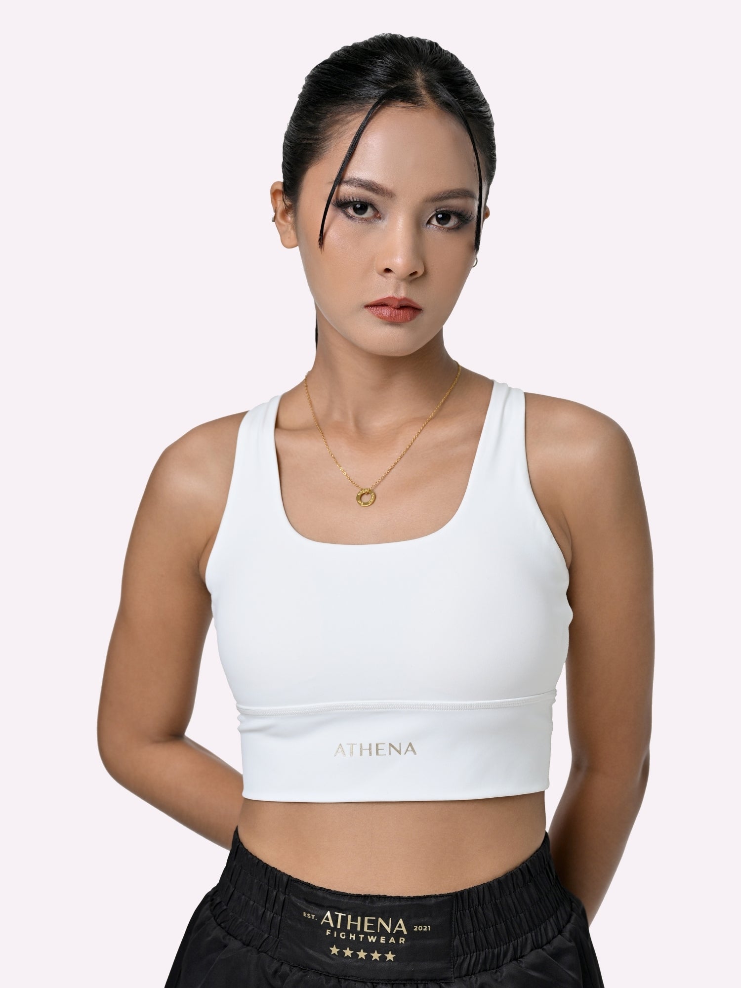 Athena Fightwear Women's Crop Top Longline Sports Bra with crossback for Boxing vintage white and gold