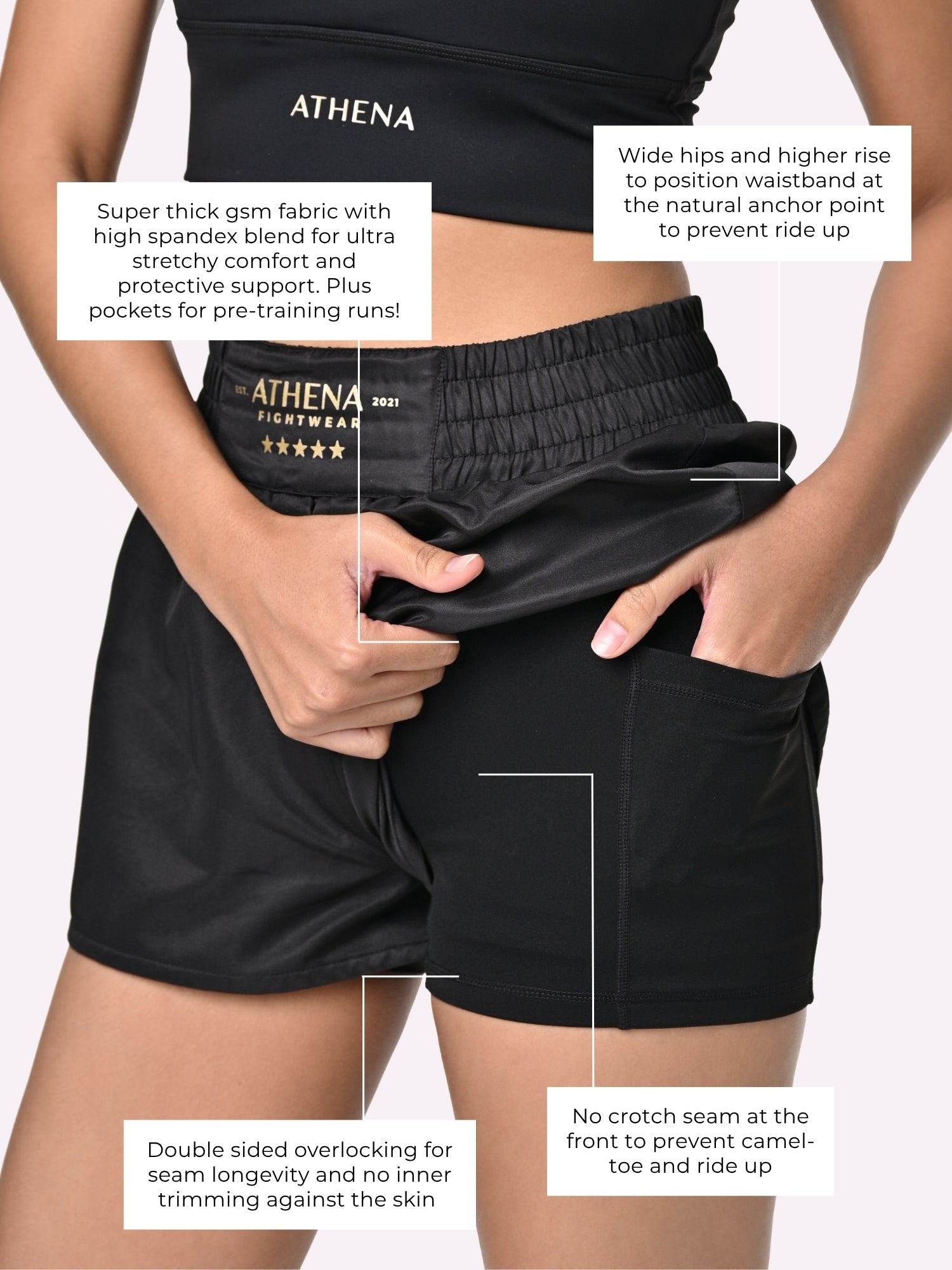 Athena Fightwear Hera women's boxing combat sports muay thai kickboxing mma block and gold shorts with wide hips built in safety shorts anti camel toe with pockets