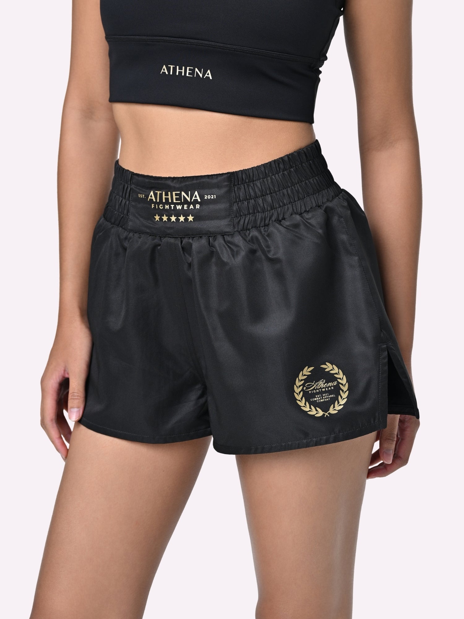 Athena Fightwear Hera women's boxing combat sports muay thai kickboxing mma block and gold shorts with wide hips built in safety shorts anti camel toe with pockets