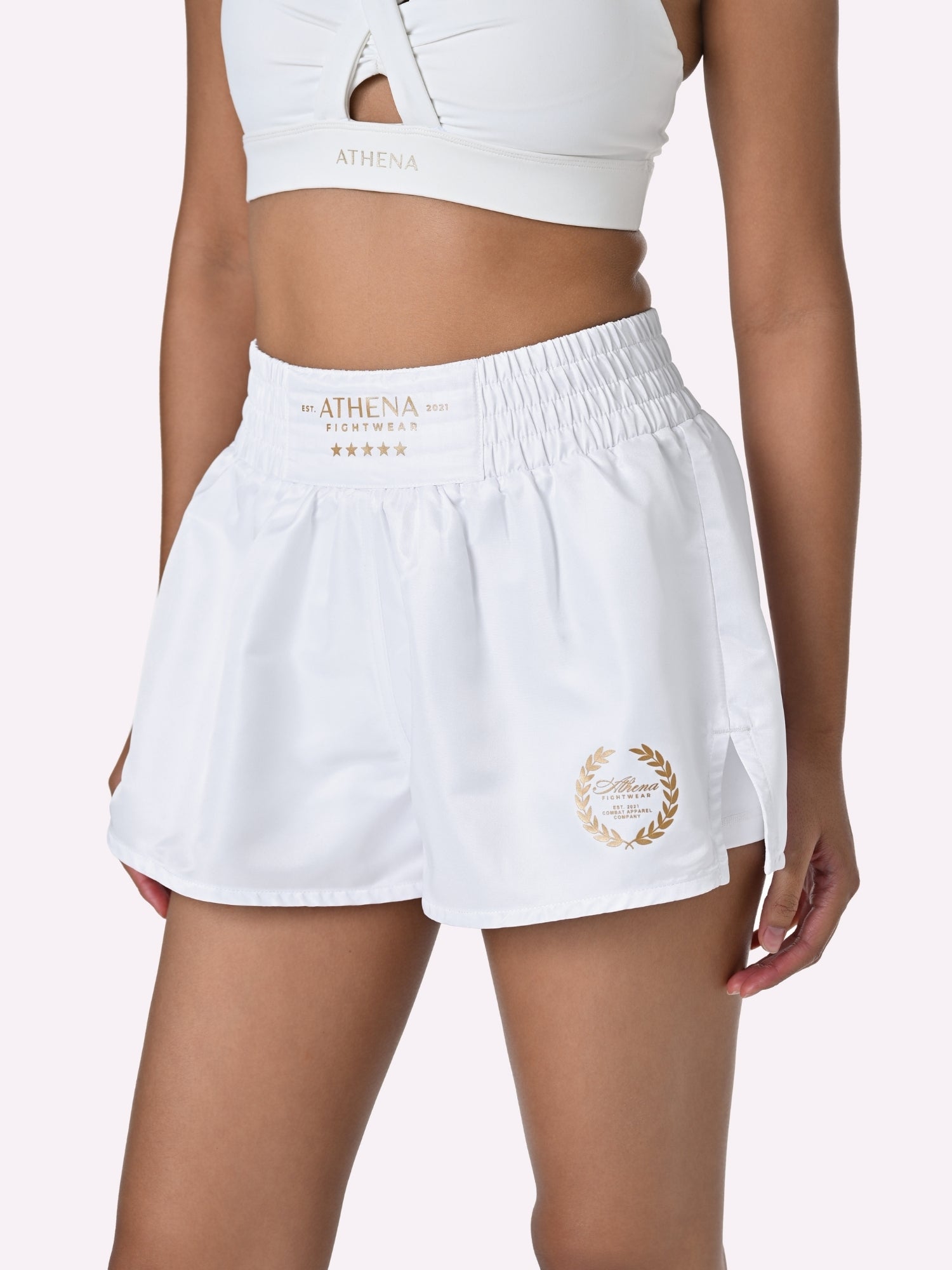 Athena Fightwear Hera women's boxing combat sports muay thai kickboxing mma white and gold shorts with wide hips built in safety shorts anti camel toe with pockets
