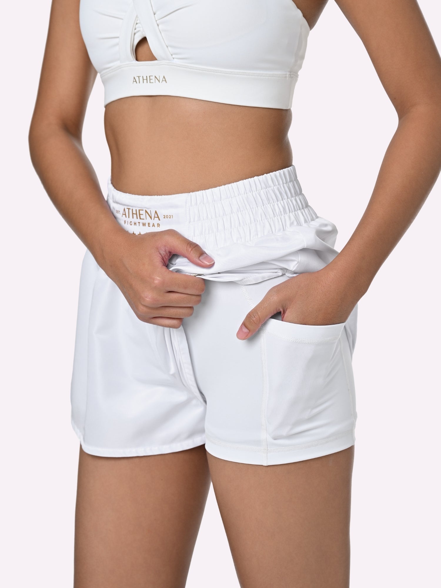 Athena Fightwear Hera women's boxing combat sports muay thai kickboxing mma white and gold shorts with wide hips built in safety shorts anti camel toe with pockets