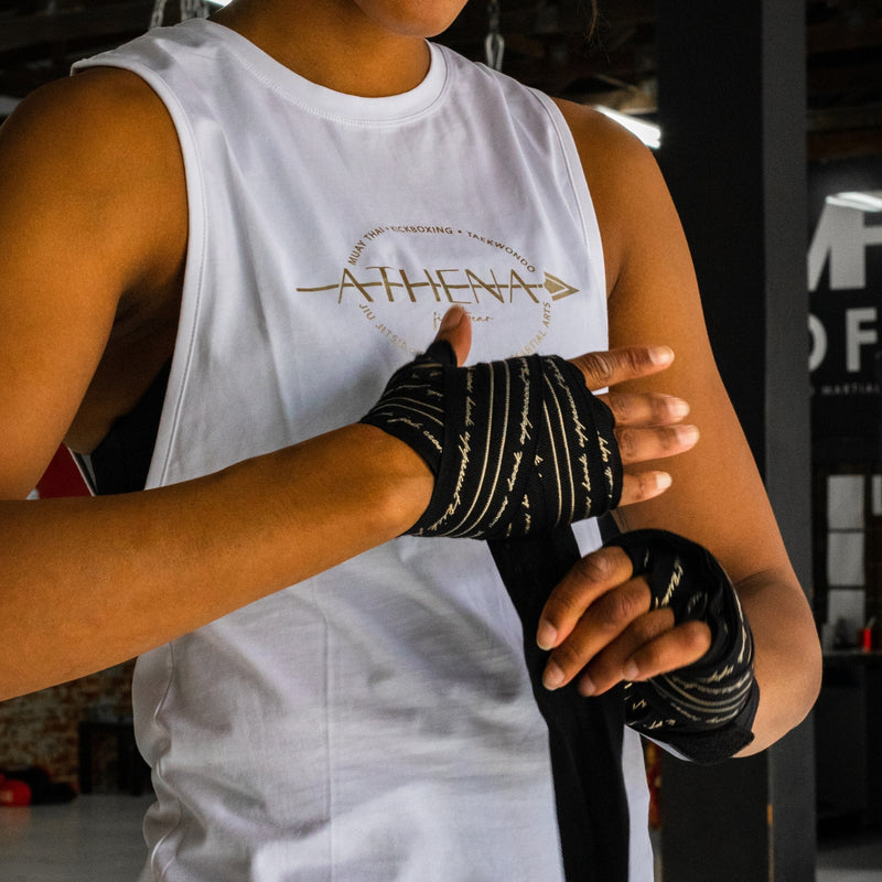 Athena Fightwear Nerio pretty chic black gold handwraps for women's boxing muay thai kickboxing mma