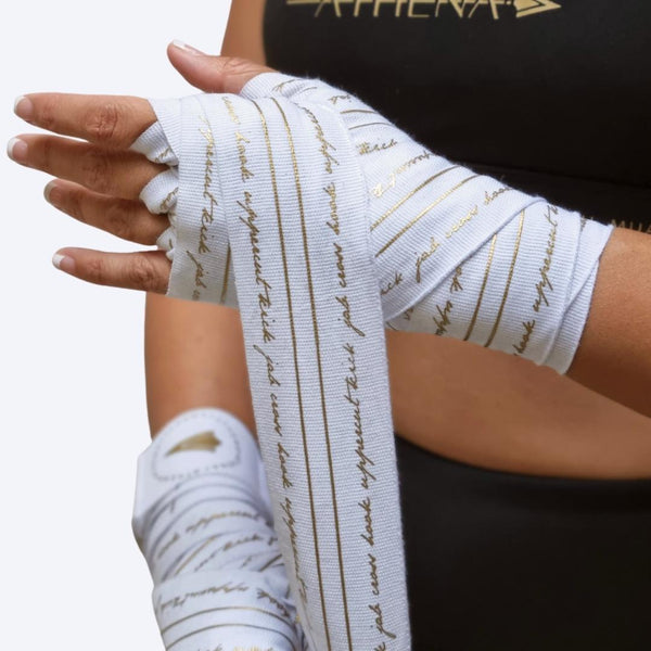 Athena Fightwear Nerio pretty chic white gold handwraps for women's boxing muay thai kickboxing mma