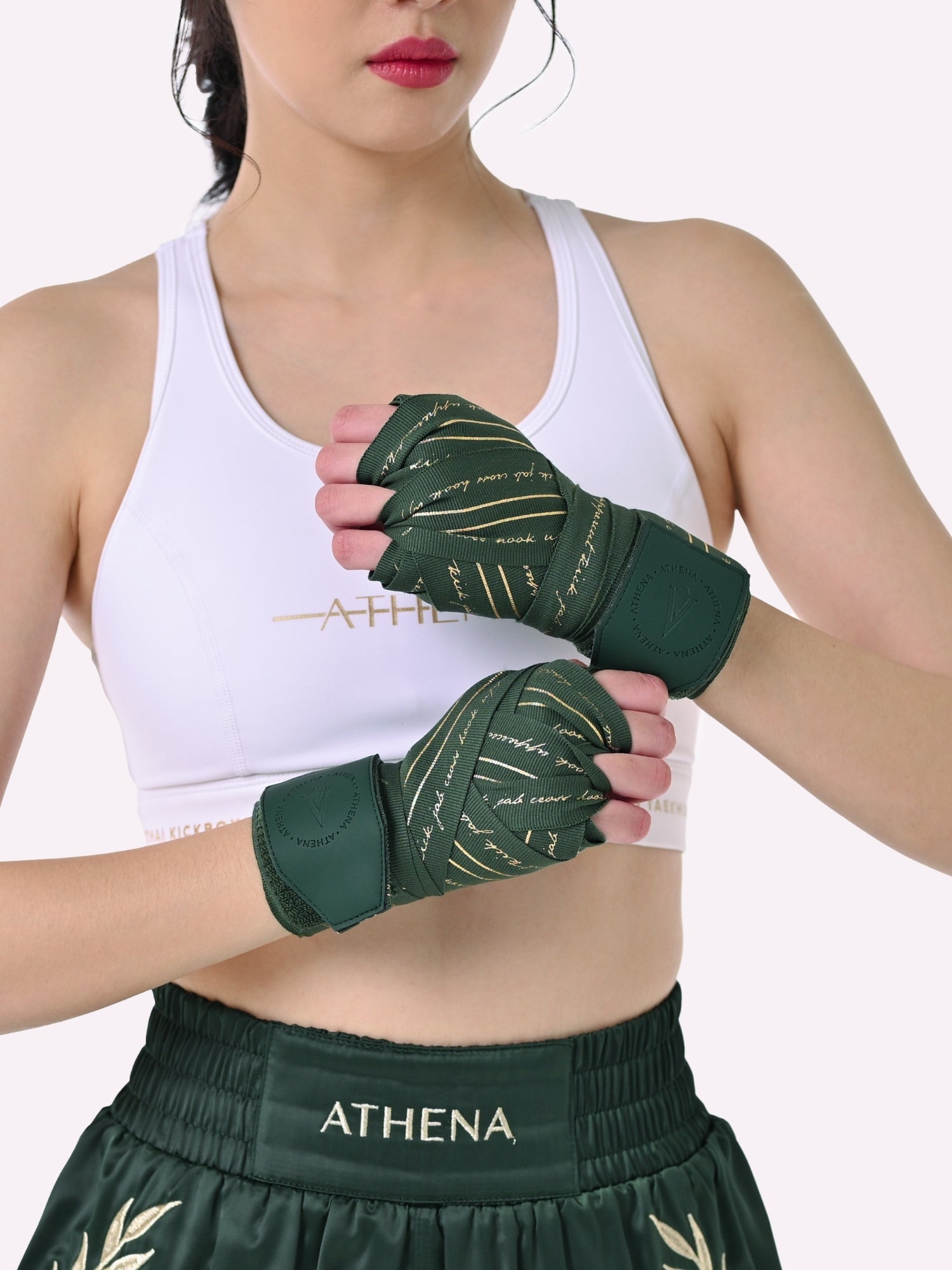 Athena Fightwear women's Nerio Handwraps in Hunter Green and Metallic Gold for boxing muay thai kickboxing MMA 4.5m