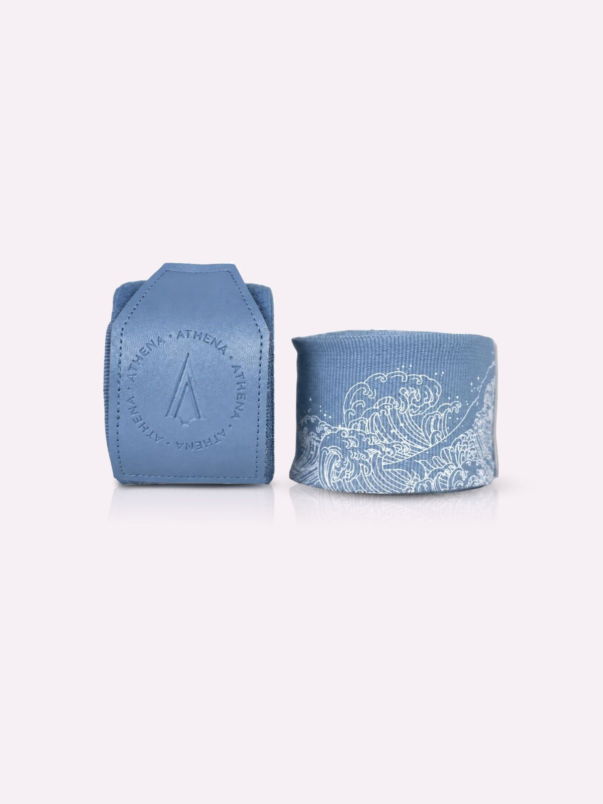Athena Fightwear Ryoko handwraps in ash blue, rolled pair with embossed logo tab and white Japanese wave print