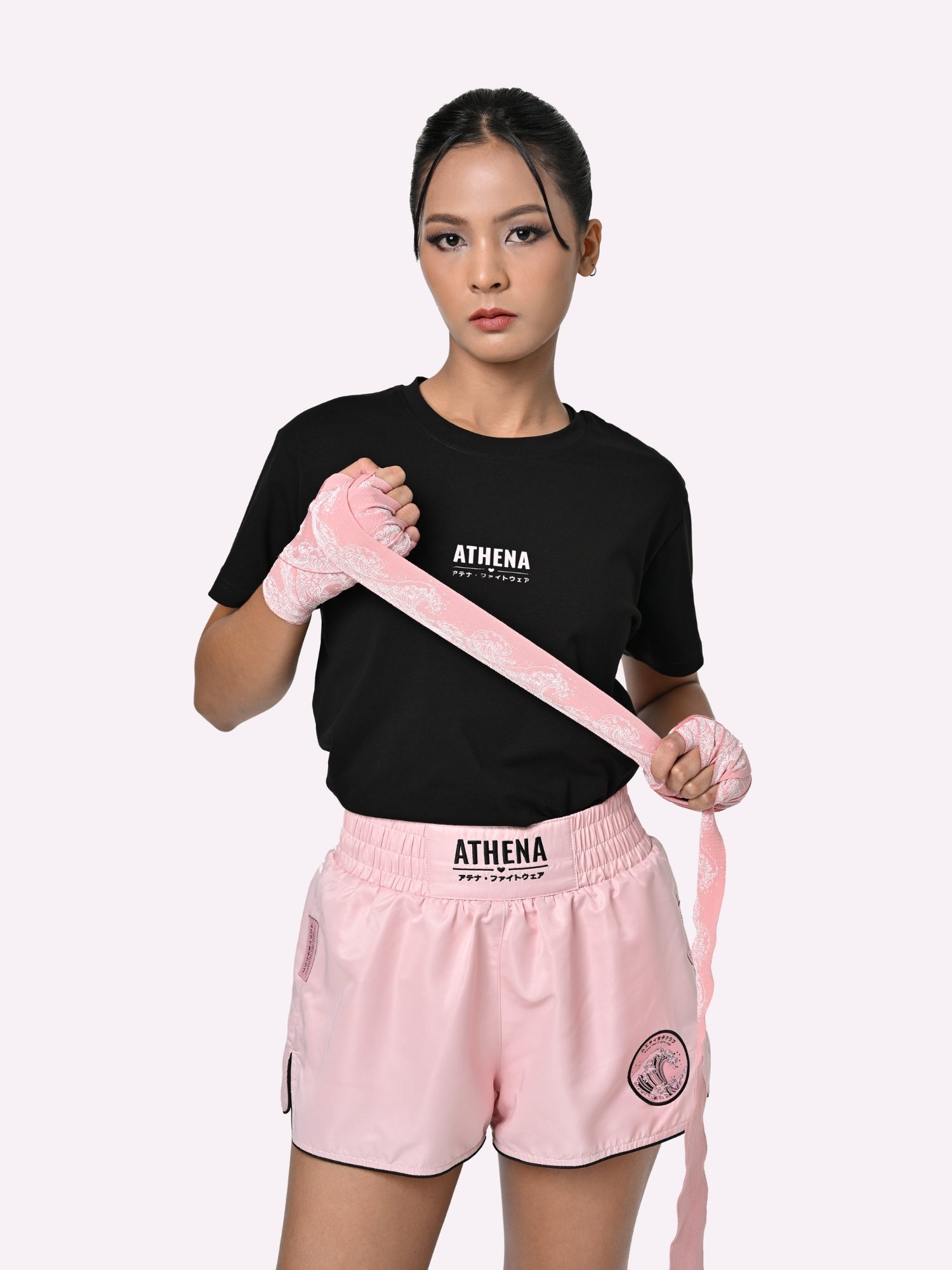 Athena Fightwear Ryoko Women's Muay Thai Shorts japanese inspired pink and black with built-in anti-camel toe shorts with pockets
