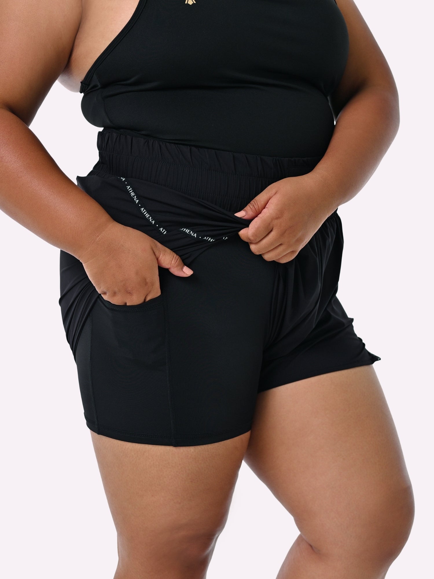 Athena Fightwear Theia Boxing Shorts Black high waisted for women super lightweight with anti-camel toe inner shorts with pockets 