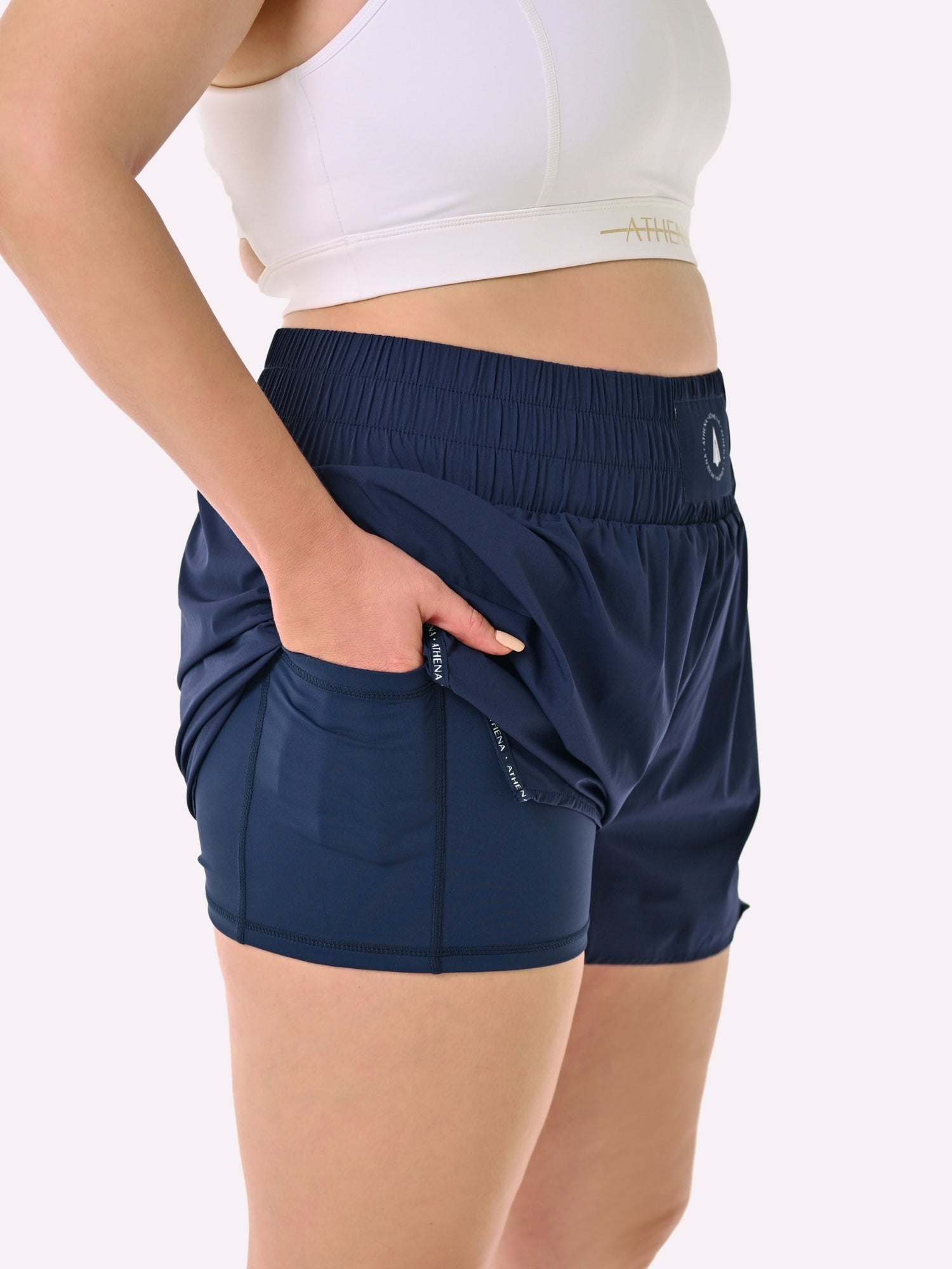 Athena Fightwear Theia Navy Women's Boxing Shorts with built in safety inner shorts and pockets
