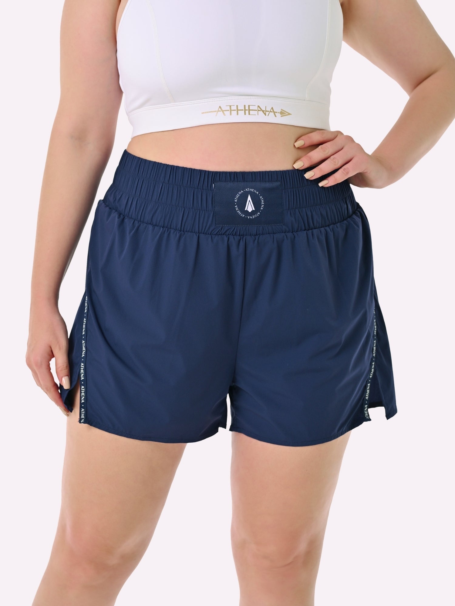 Athena Fightwear Theia Navy Women's Boxing Shorts with built in safety inner shorts and pockets