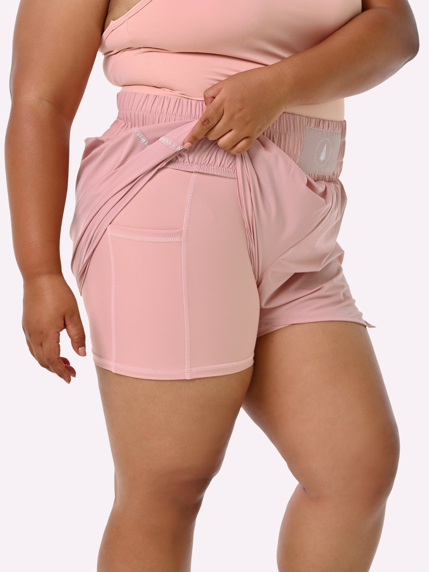 Athena Fightwear Theia light pink Women's Boxing Shorts with built in safety inner shorts and pockets
